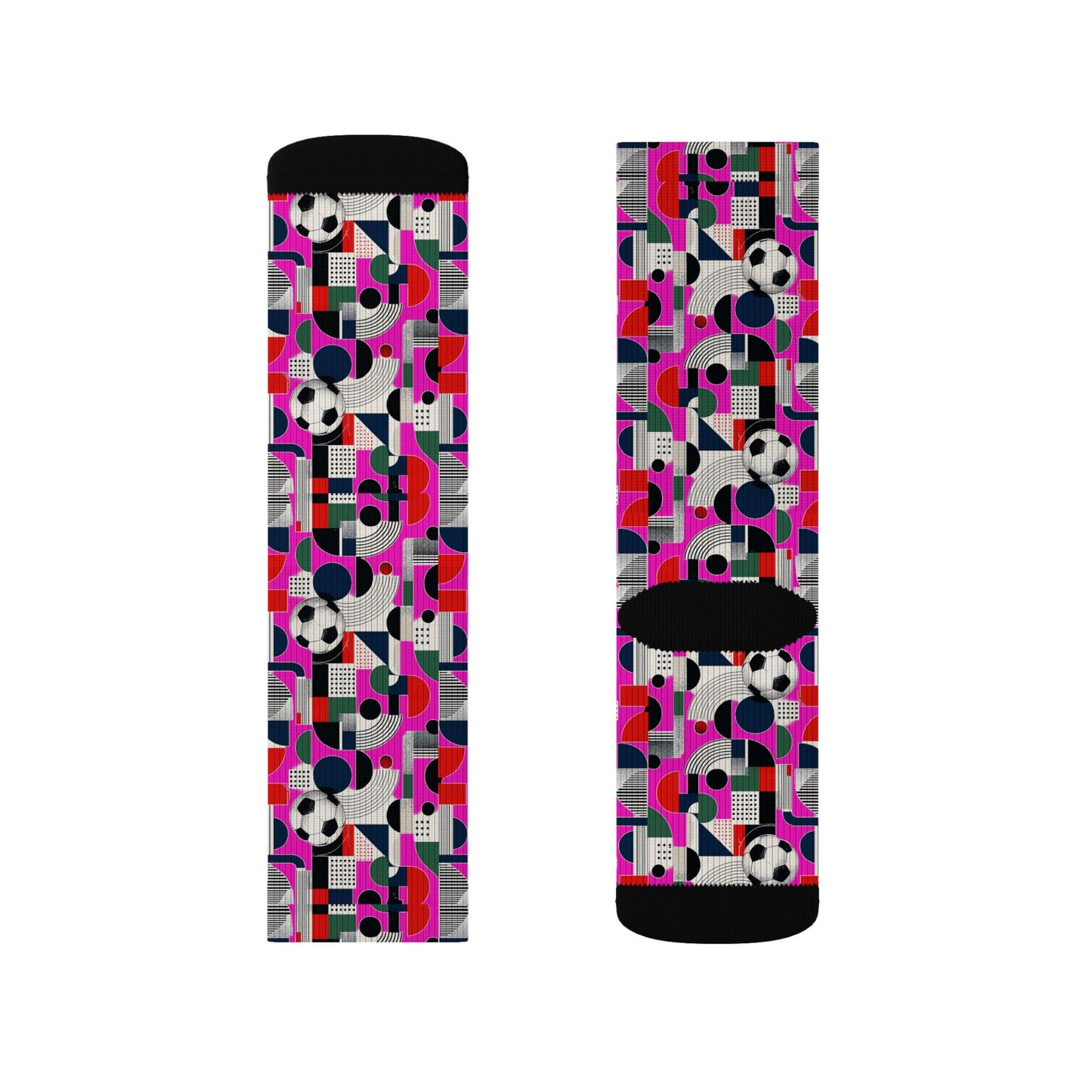 Front and back view of FIFA World Cup 2026 soccer fan crew socks featuring colorful geometric football artwork.