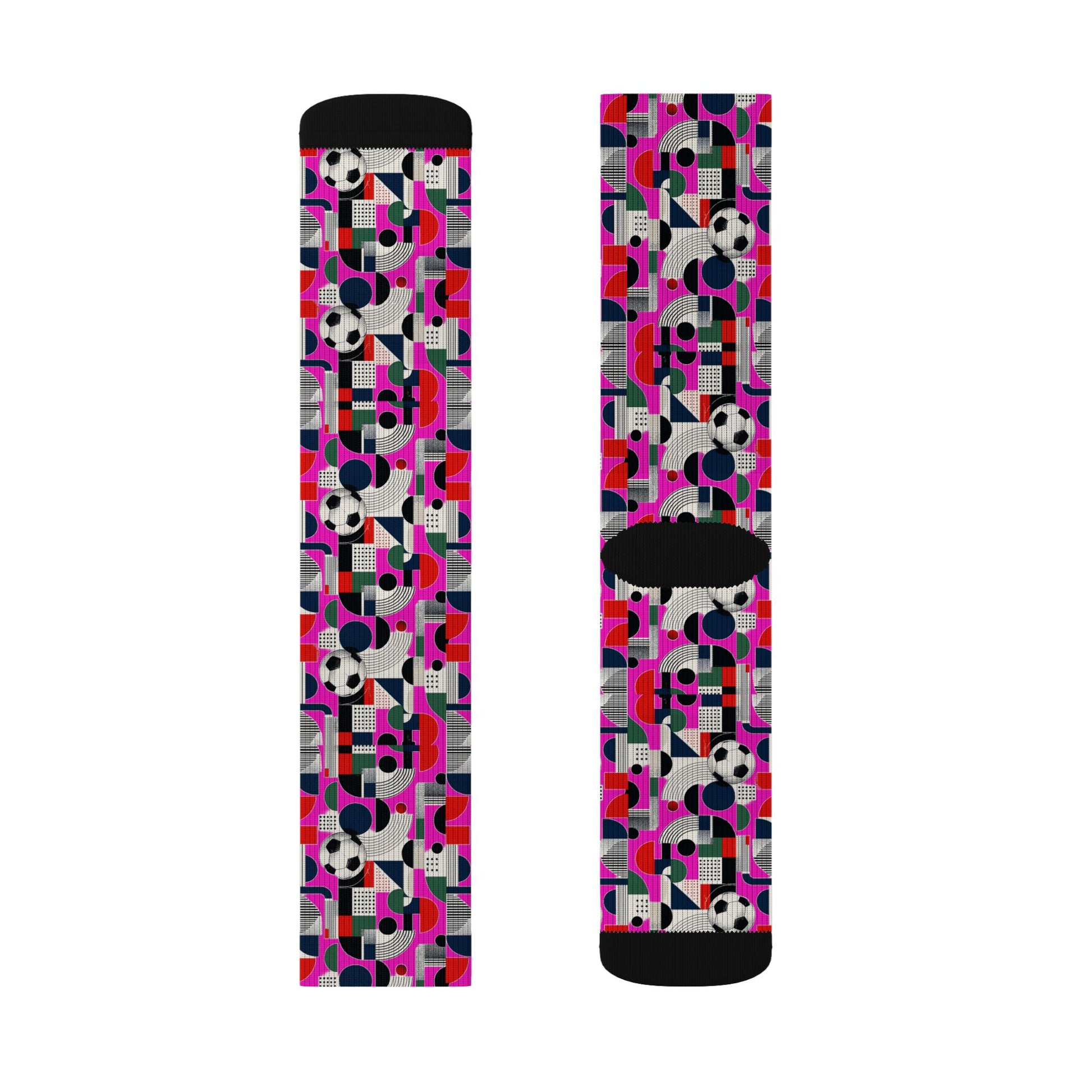 Detailed front view of FIFA World Cup 2026 soccer fan crew socks featuring colorful geometric football graphics.