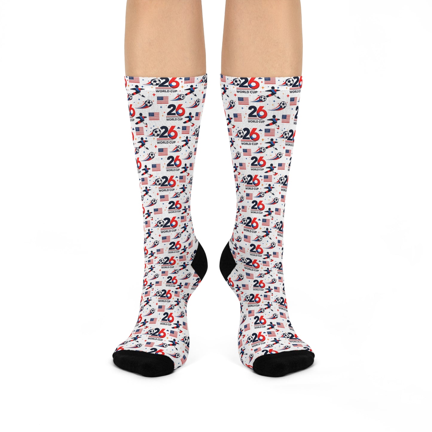 Soccer World Cup 2026 graphic crew socks front view on legs showing colorful football pattern