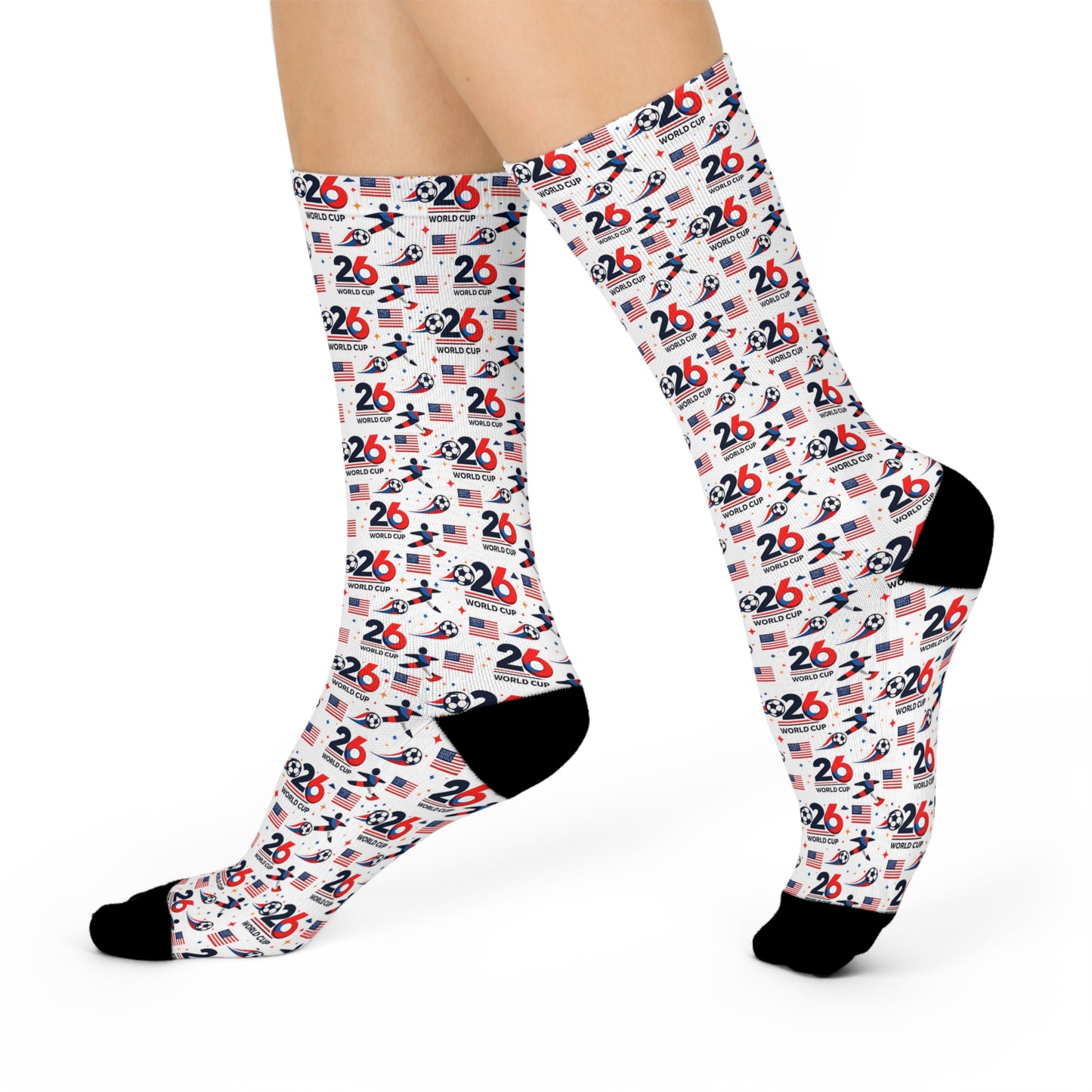 FIFA World Cup 2026 Soccer Fan Crew Socks shown on feet displaying the full tournament-inspired pattern.