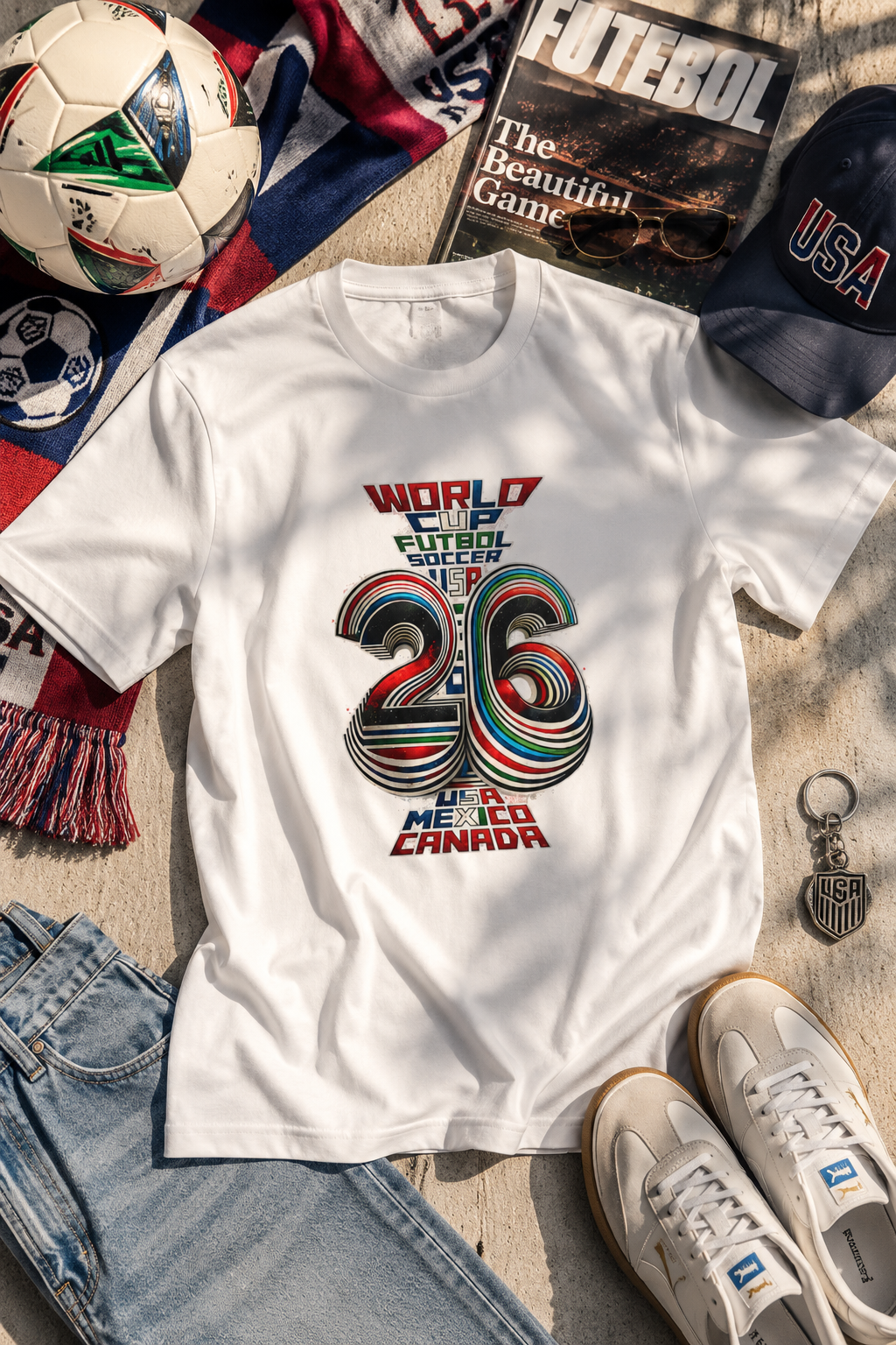 FIFA World Cup 2026 white graphic T-shirt with soccer scarf sneakers and football fan lifestyle accessories