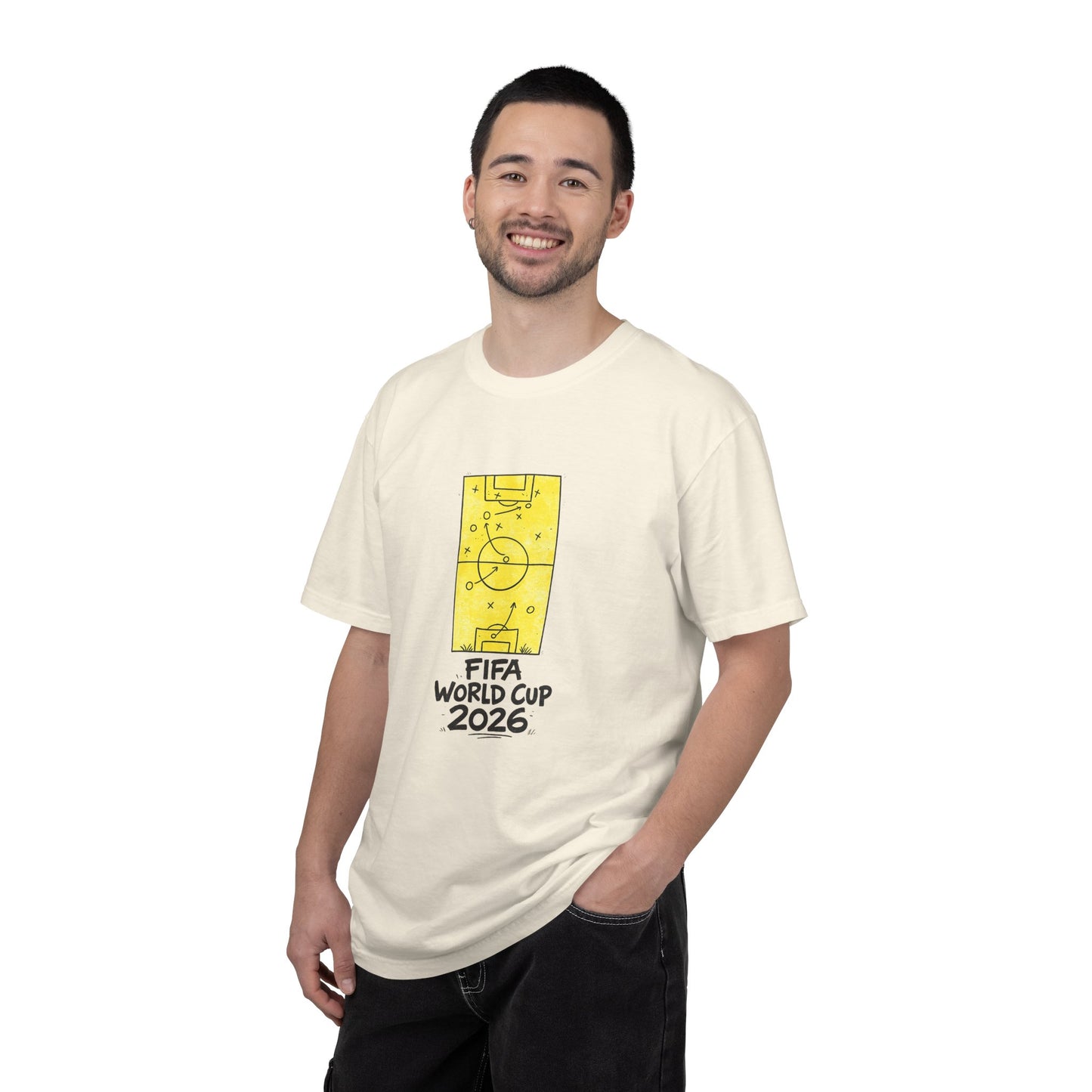 FIFA World Cup 2026 Fan Tee featuring soccer tactics graphic design worn by male model