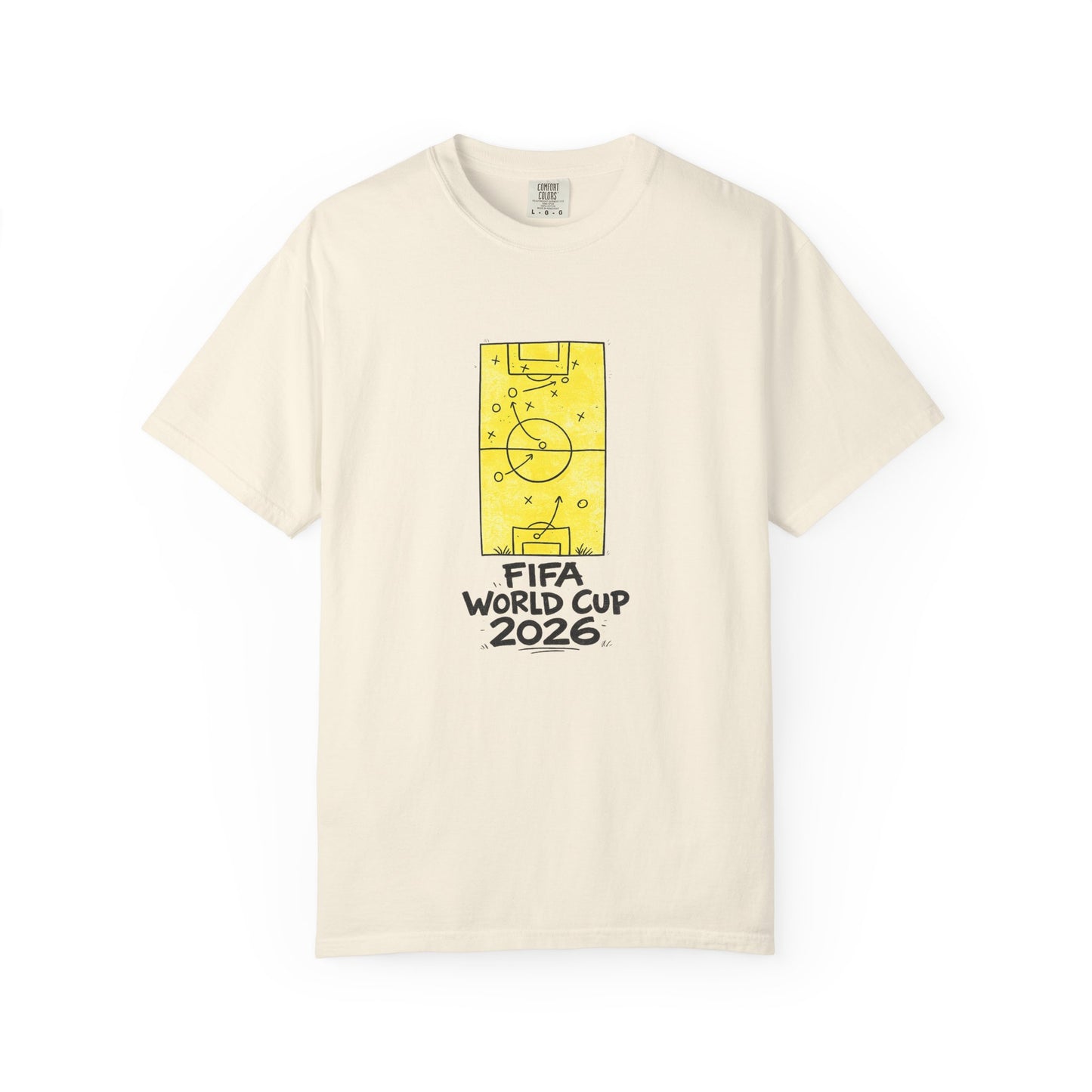 Front view of FIFA World Cup 2026 soccer fan t-shirt with football tactics graphic