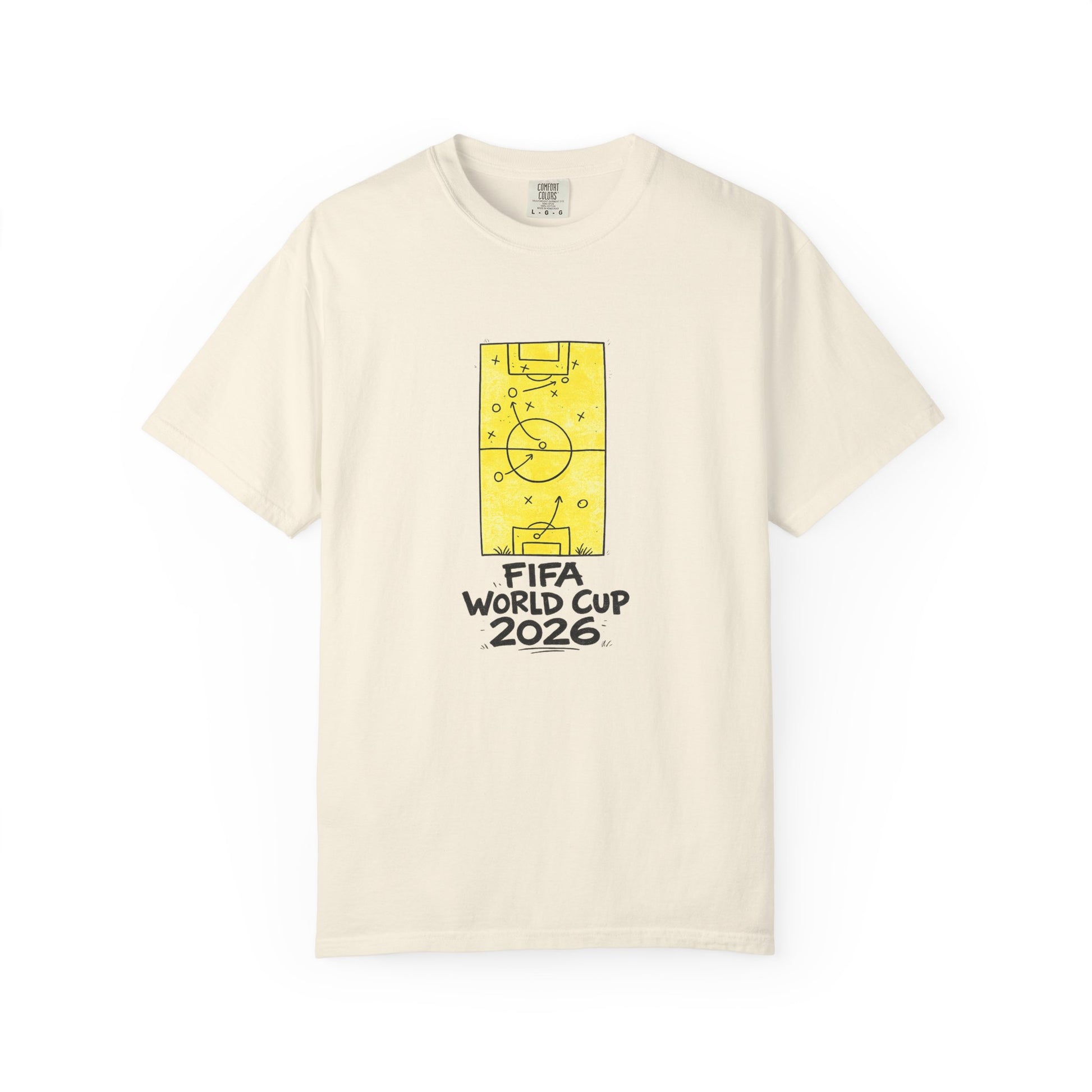Front view of FIFA World Cup 2026 soccer fan t-shirt with football tactics graphic