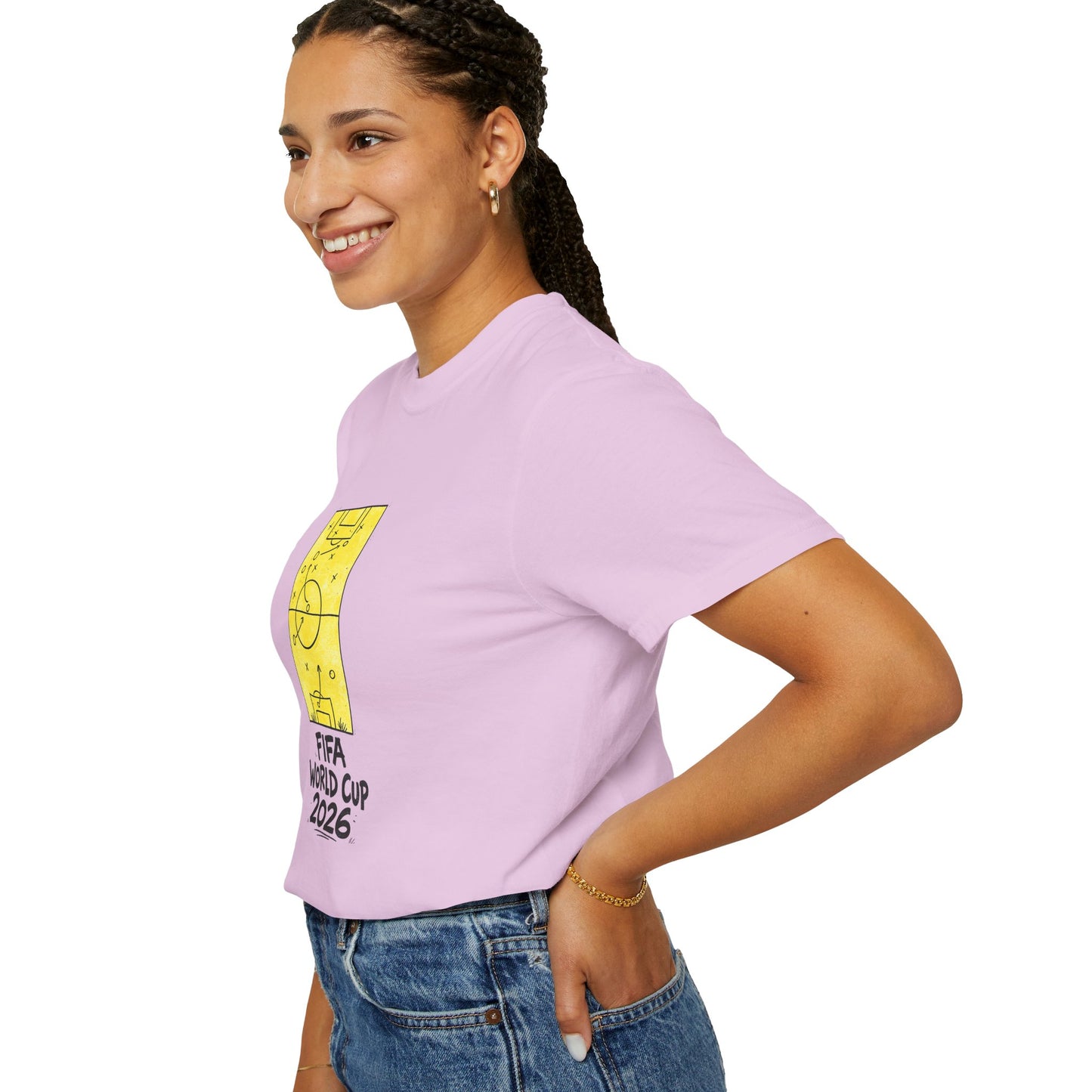 Female model wearing lavender FIFA World Cup 2026 football fan t-shirt