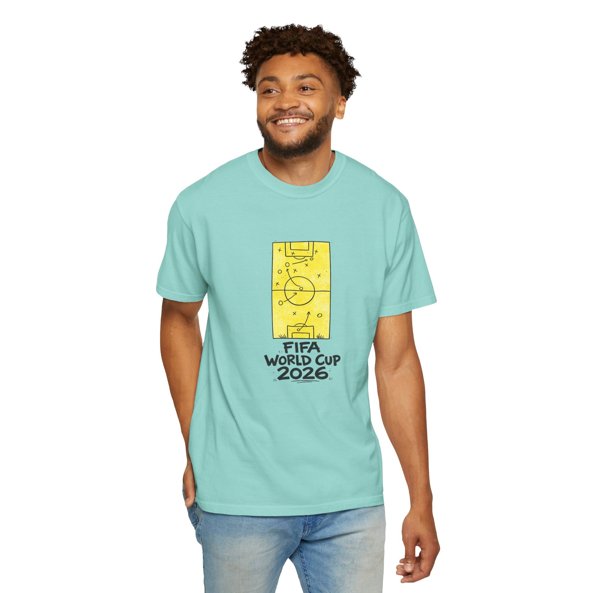 Man wearing a light blue t-shirt with FIFA World Cup 2026 graphic on a white background