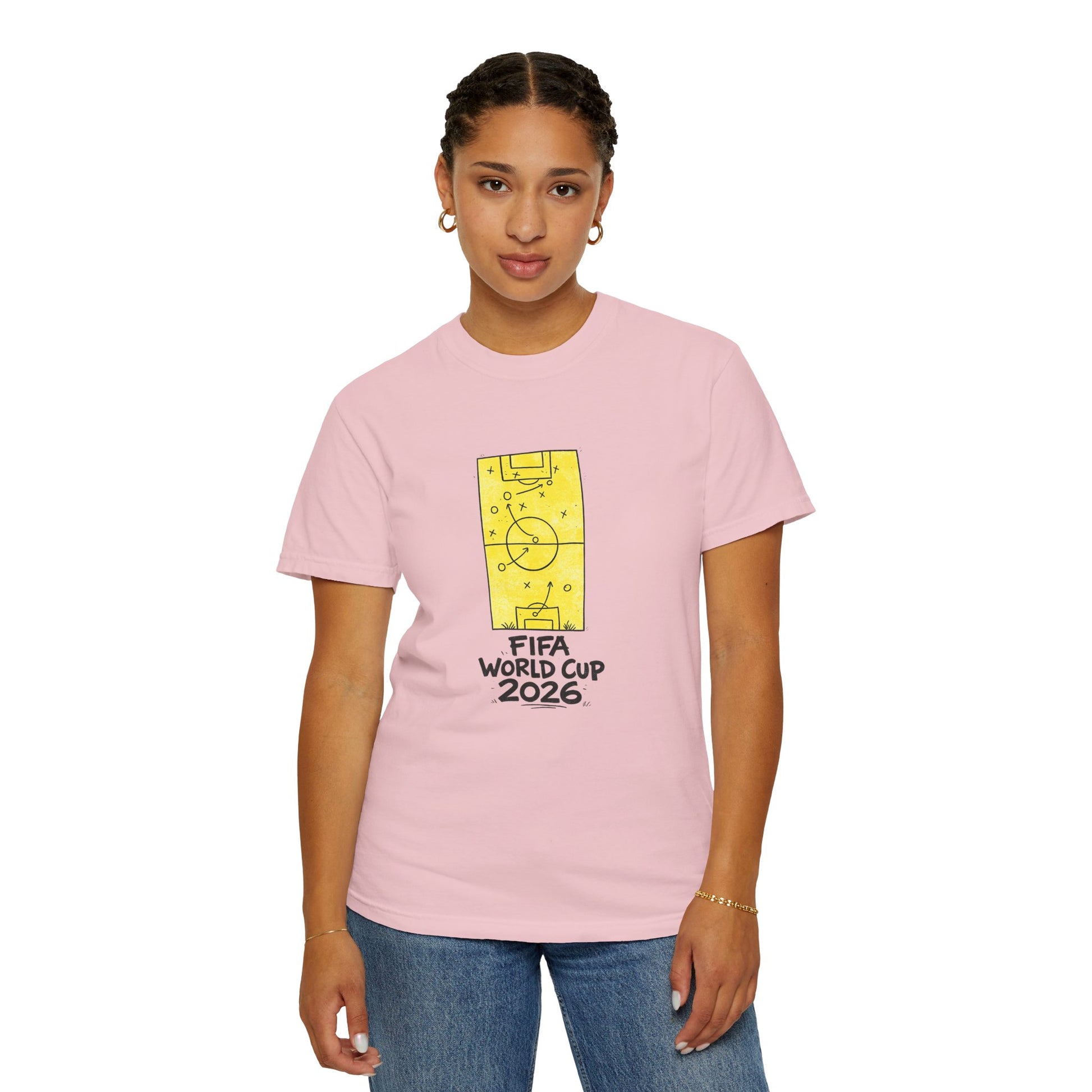 Female model wearing pink FIFA World Cup 2026 soccer fan t-shirt