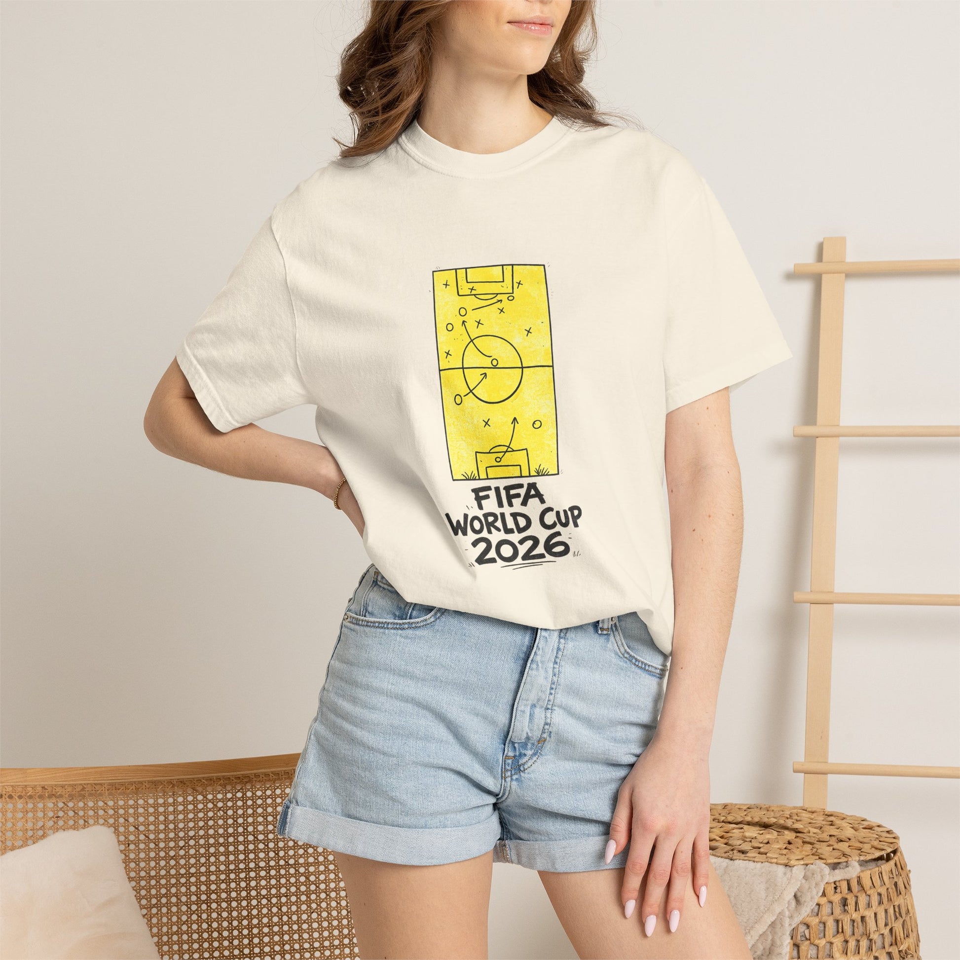 Woman wearing FIFA World Cup 2026 soccer tactics graphic t-shirt