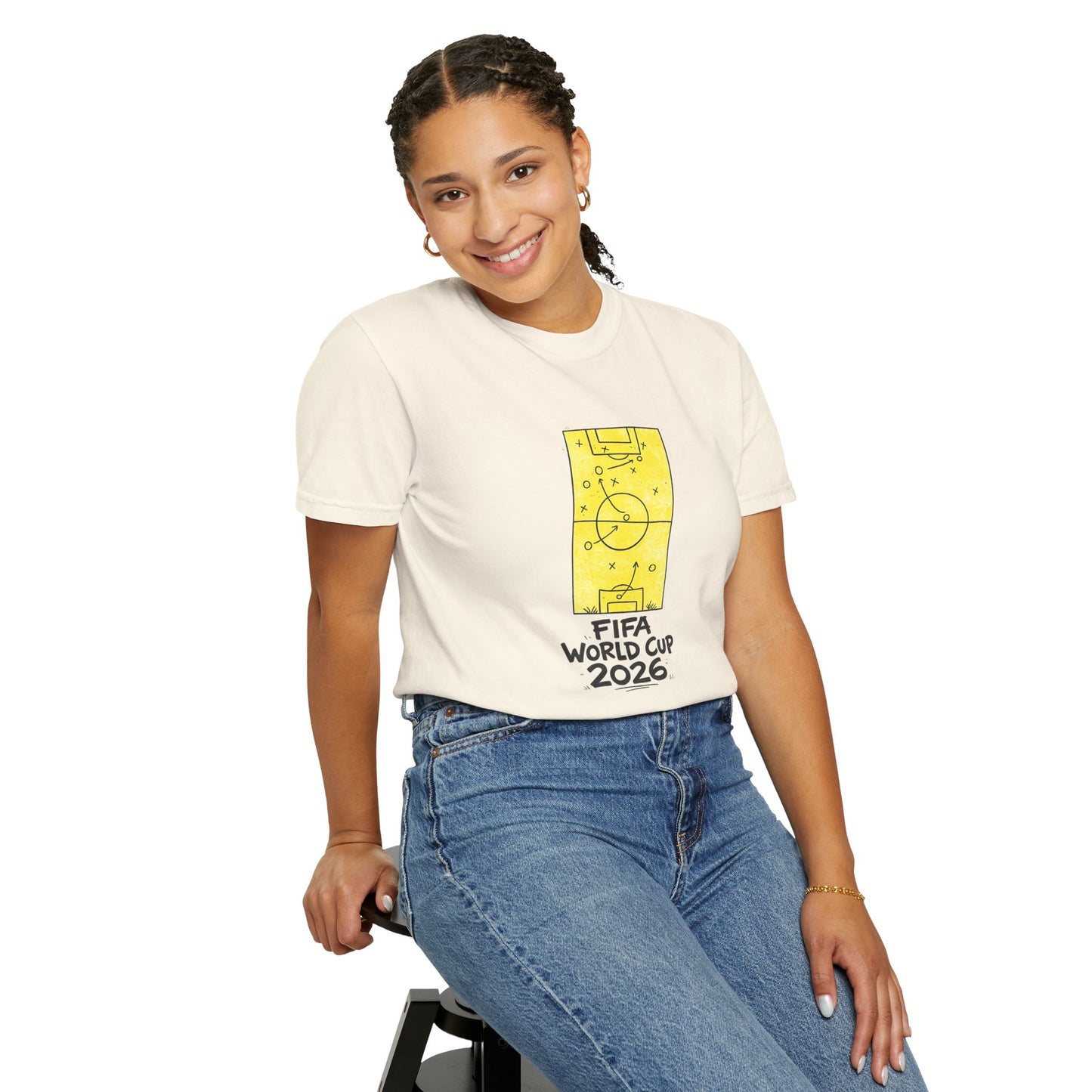 Female model wearing FIFA World Cup 2026 football fan t-shirt