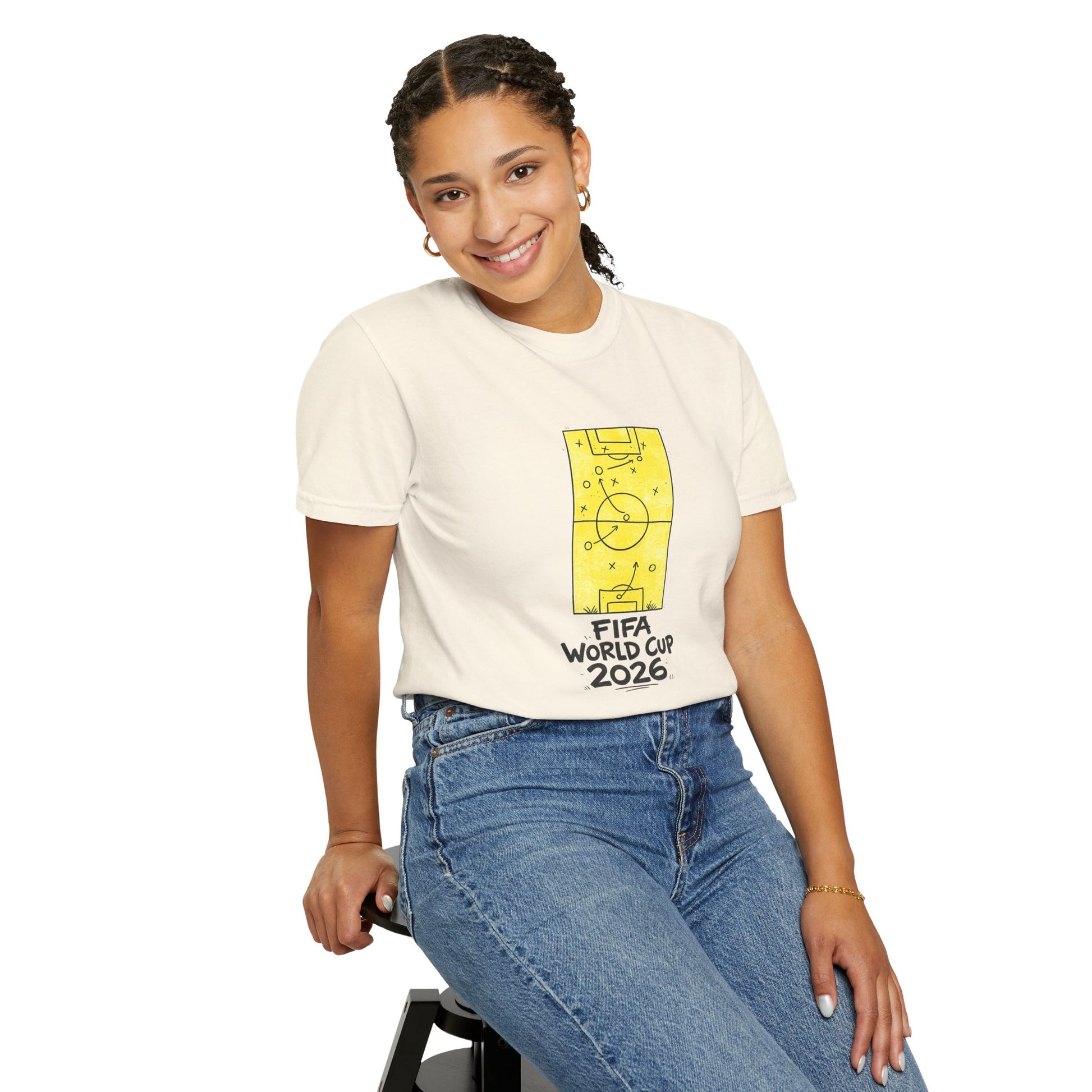 Female model wearing FIFA World Cup 2026 football fan t-shirt