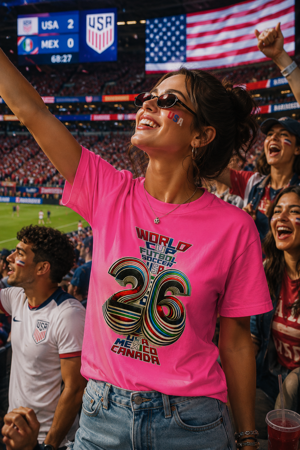 Female Gen Z wearing pink FIFA World Cup 2026 graphic T-shirt cheering inside a soccer stadium during USA match