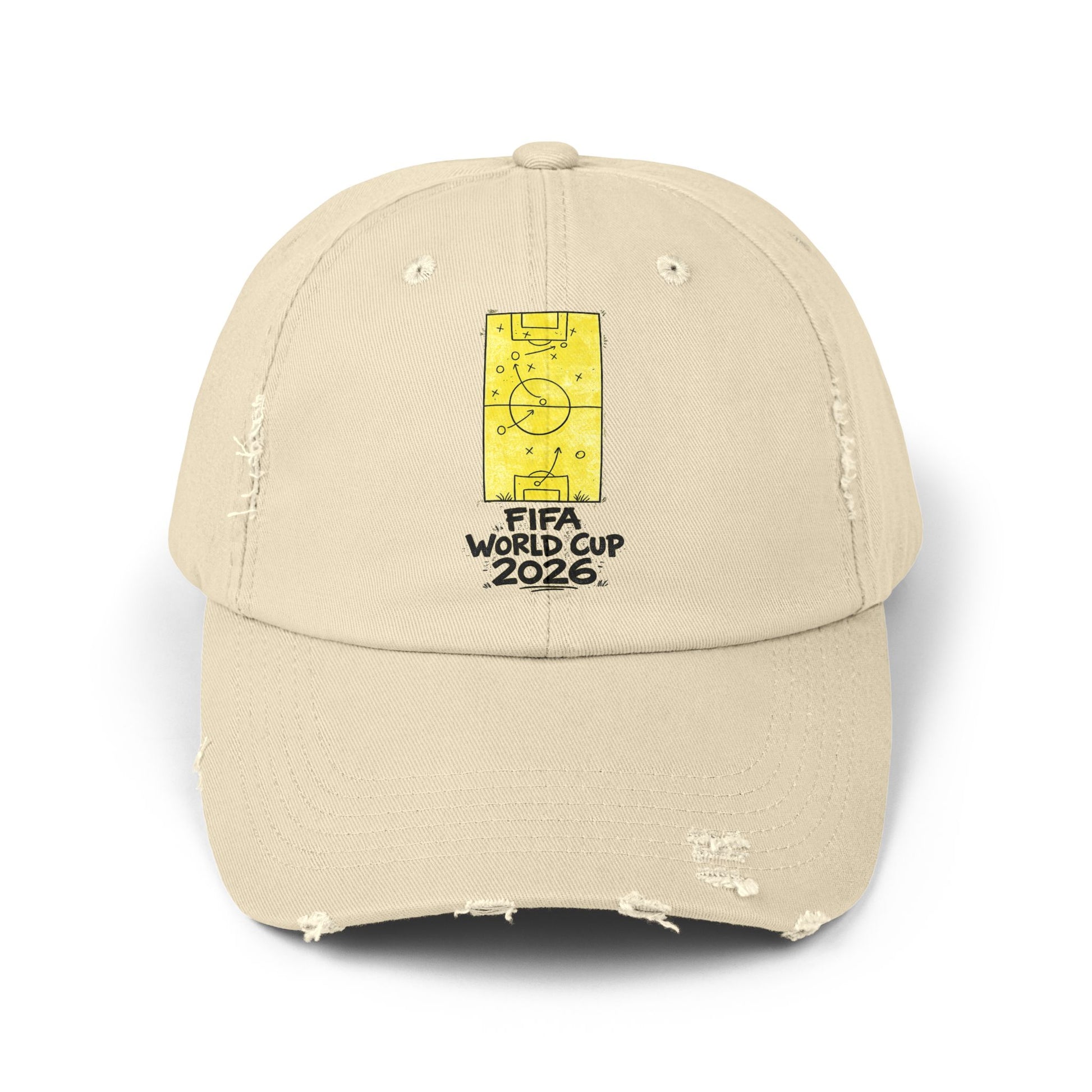 Stone colored FIFA World Cup 2026 distressed dad hat with football tactics graphic front view