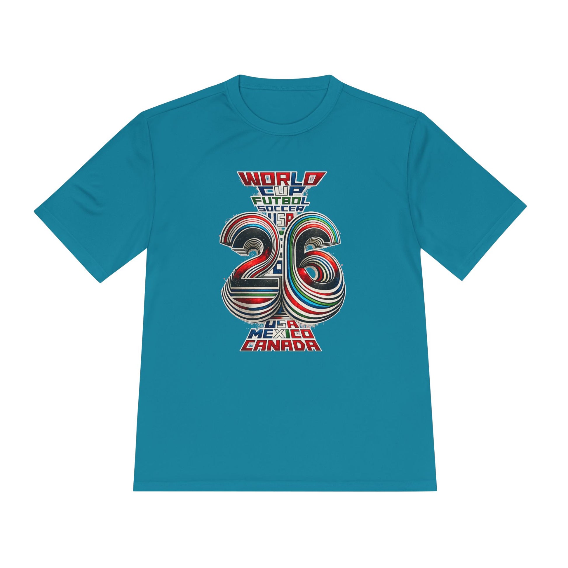 Teal blue FIFA World Cup 2026 retro football graphic T-shirt front view
