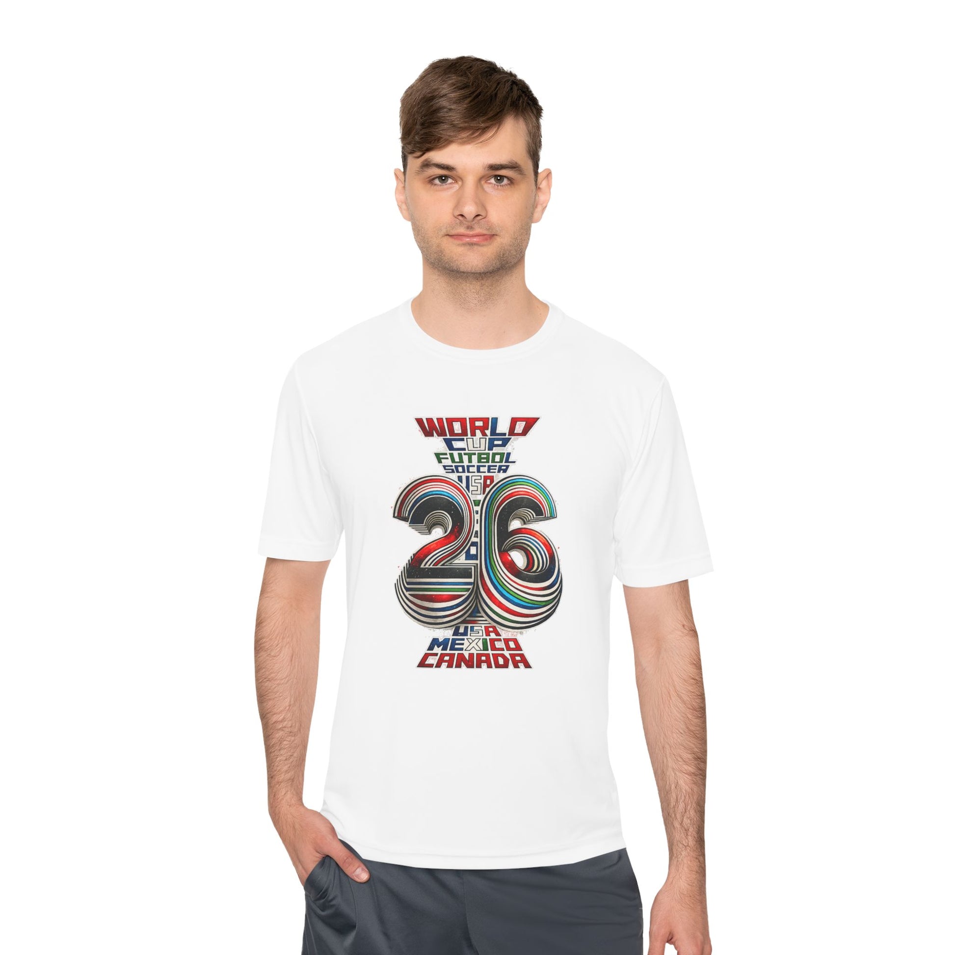 Male model wearing white FIFA World Cup 2026 retro football graphic T-shirt