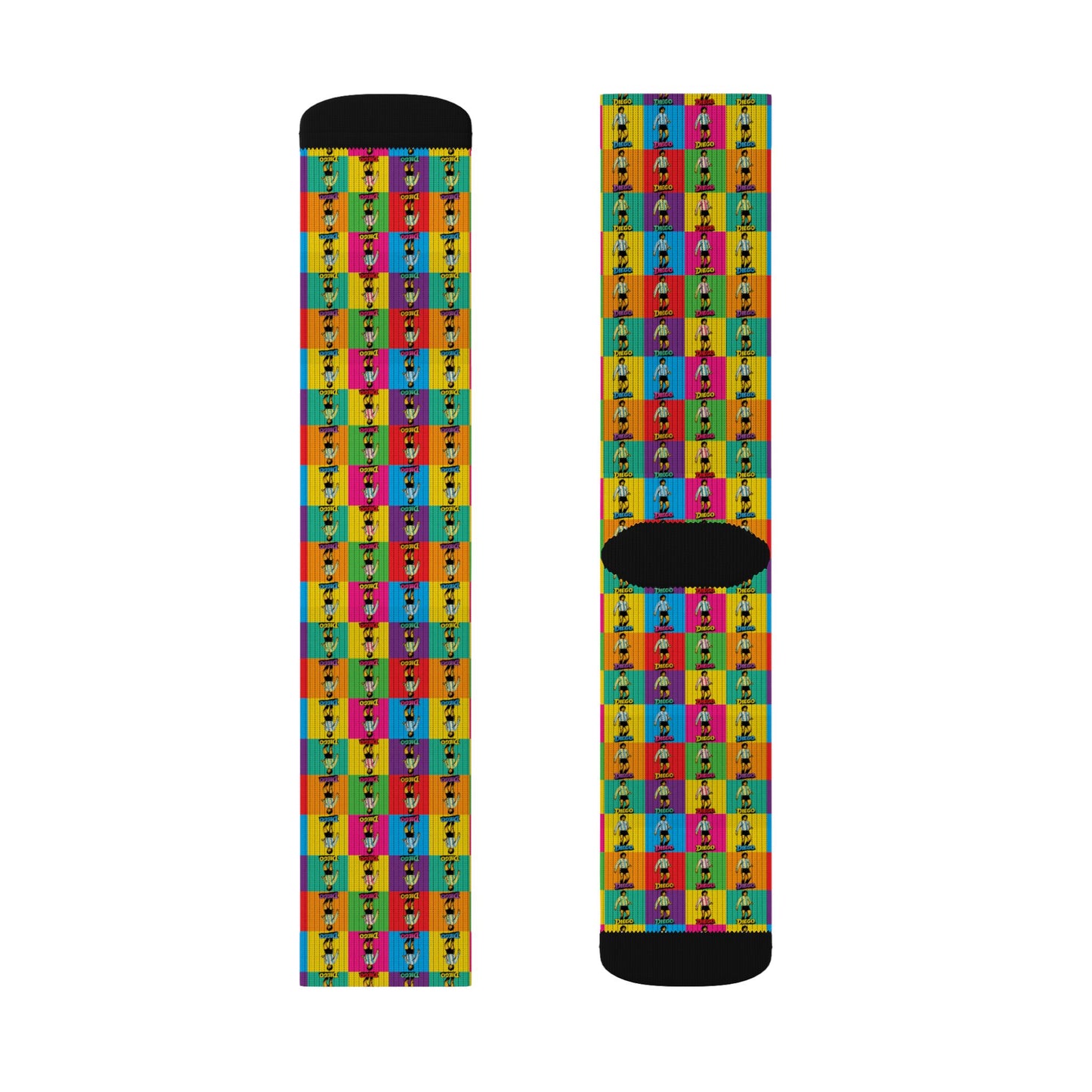 Colorful patterned socks with black toes and heels on a white background