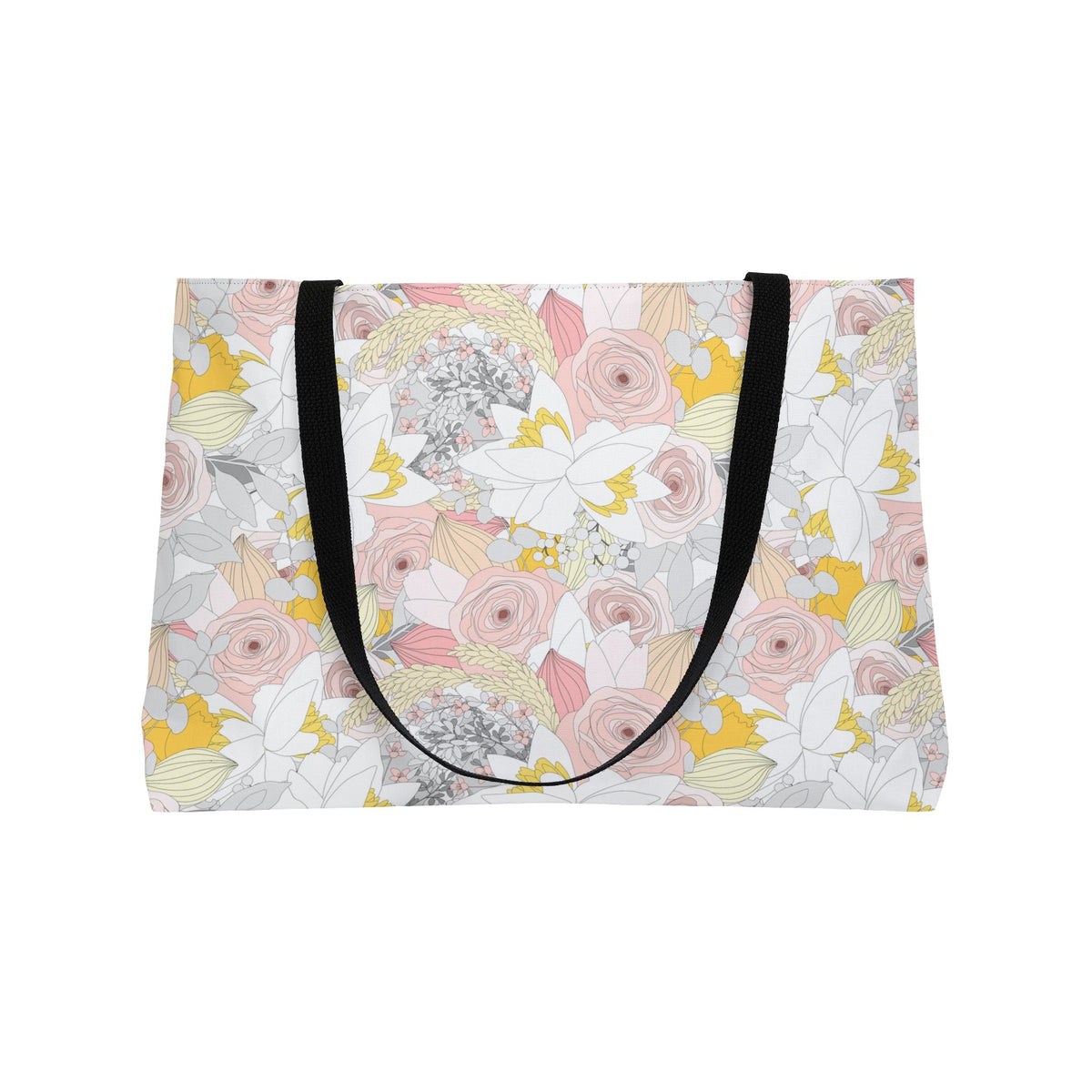 24 x 13 floral weekender bag with black handles and colorful flower print