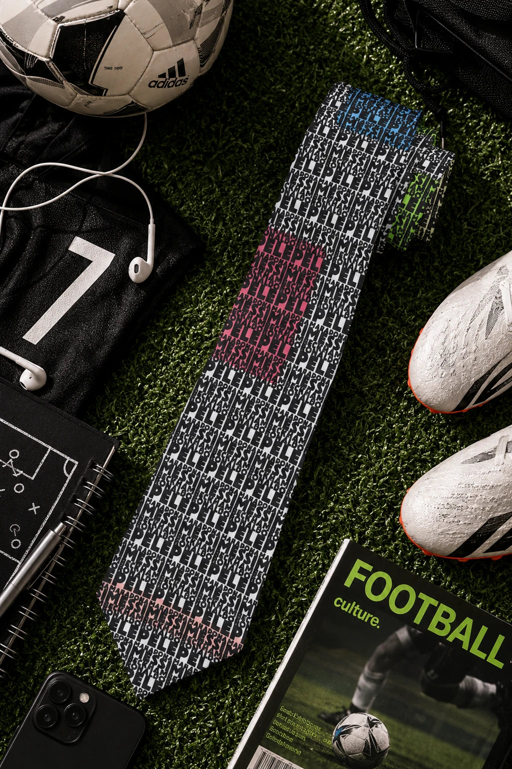 Football Legends Necktie with vintage soccer typography pattern styled with football gear