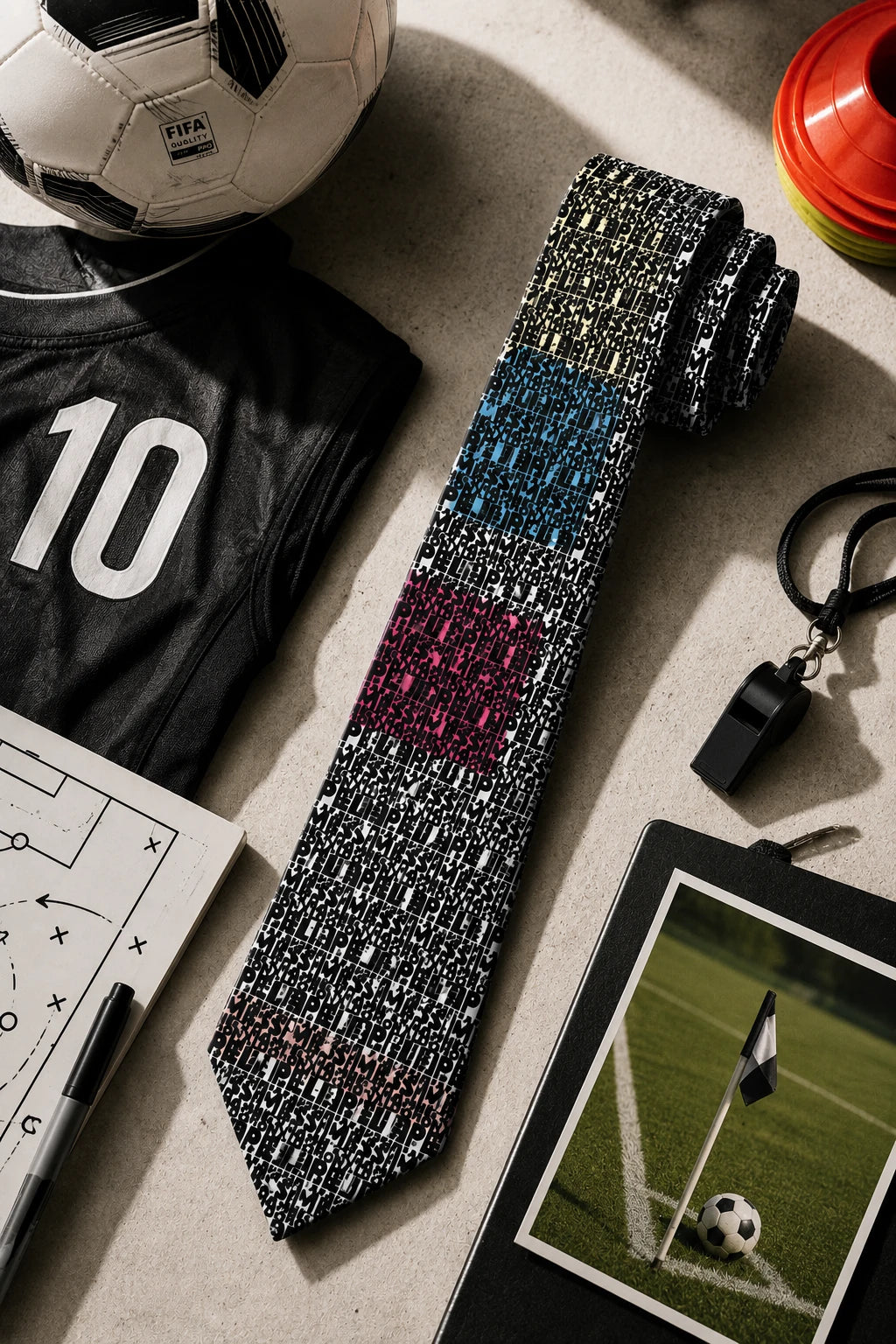 Football Legends soccer necktie with Pelé, Maradona, Messi, Ronaldo and Beckham typography design