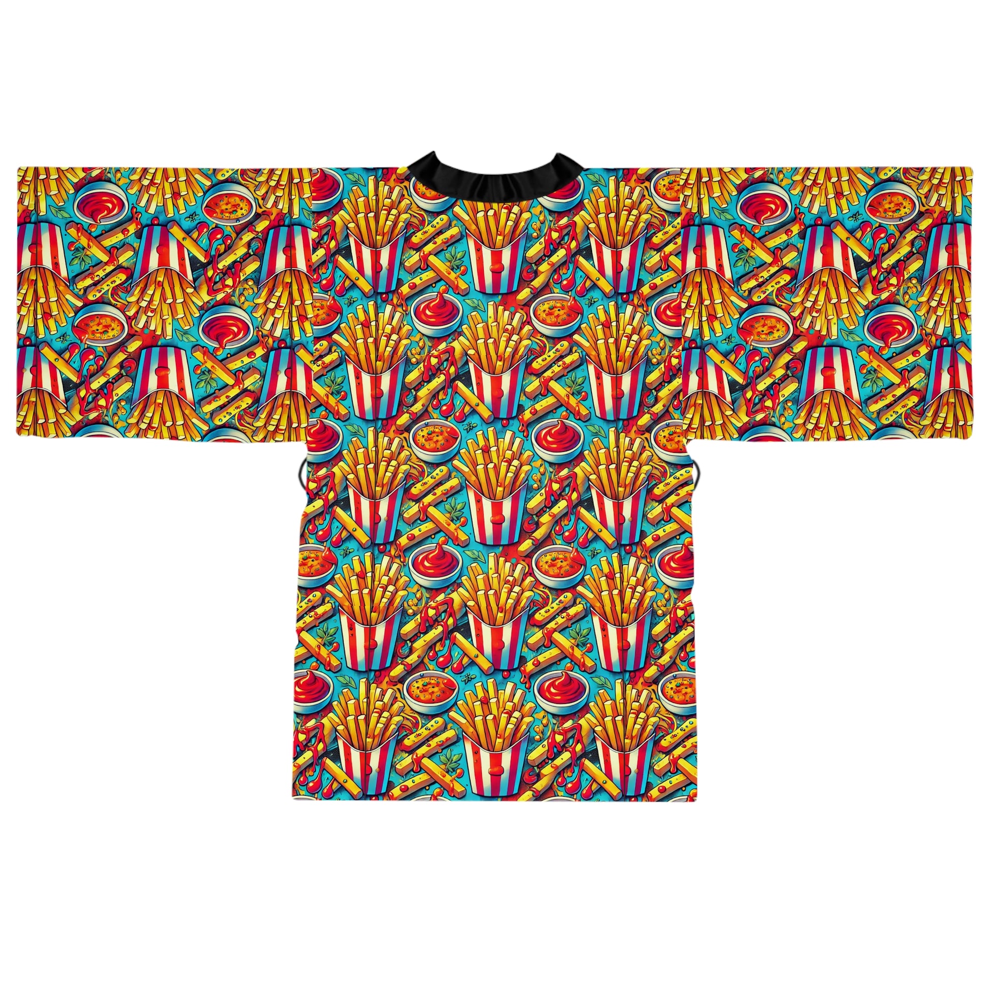 Back flat lay of French Fries Kimono Robe showing colorful all-over food print