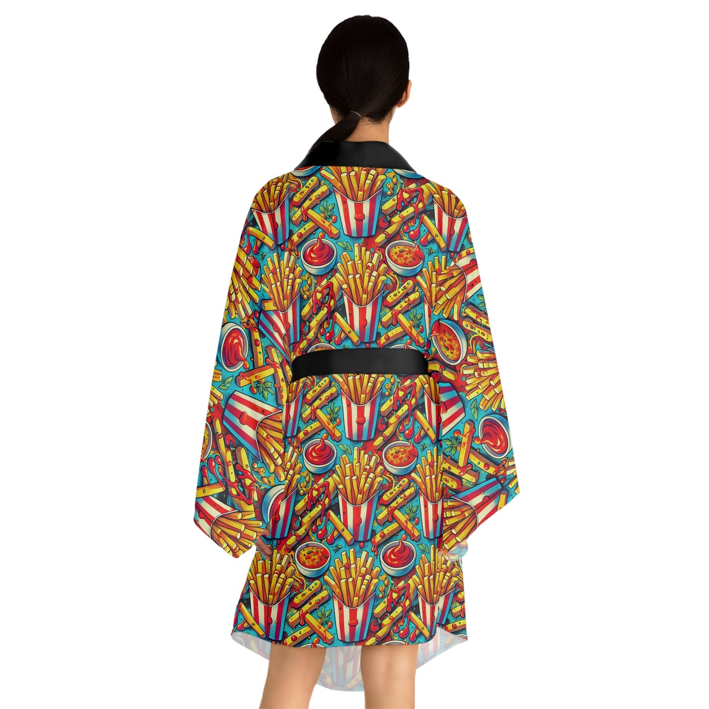 Back view of model wearing French Fries Kimono Robe with all-over food print