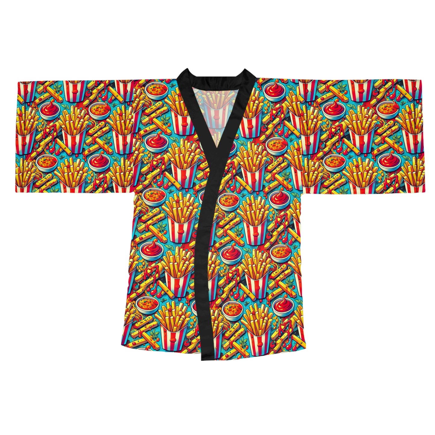 Front flat lay of colorful French Fries Kimono Robe with food print