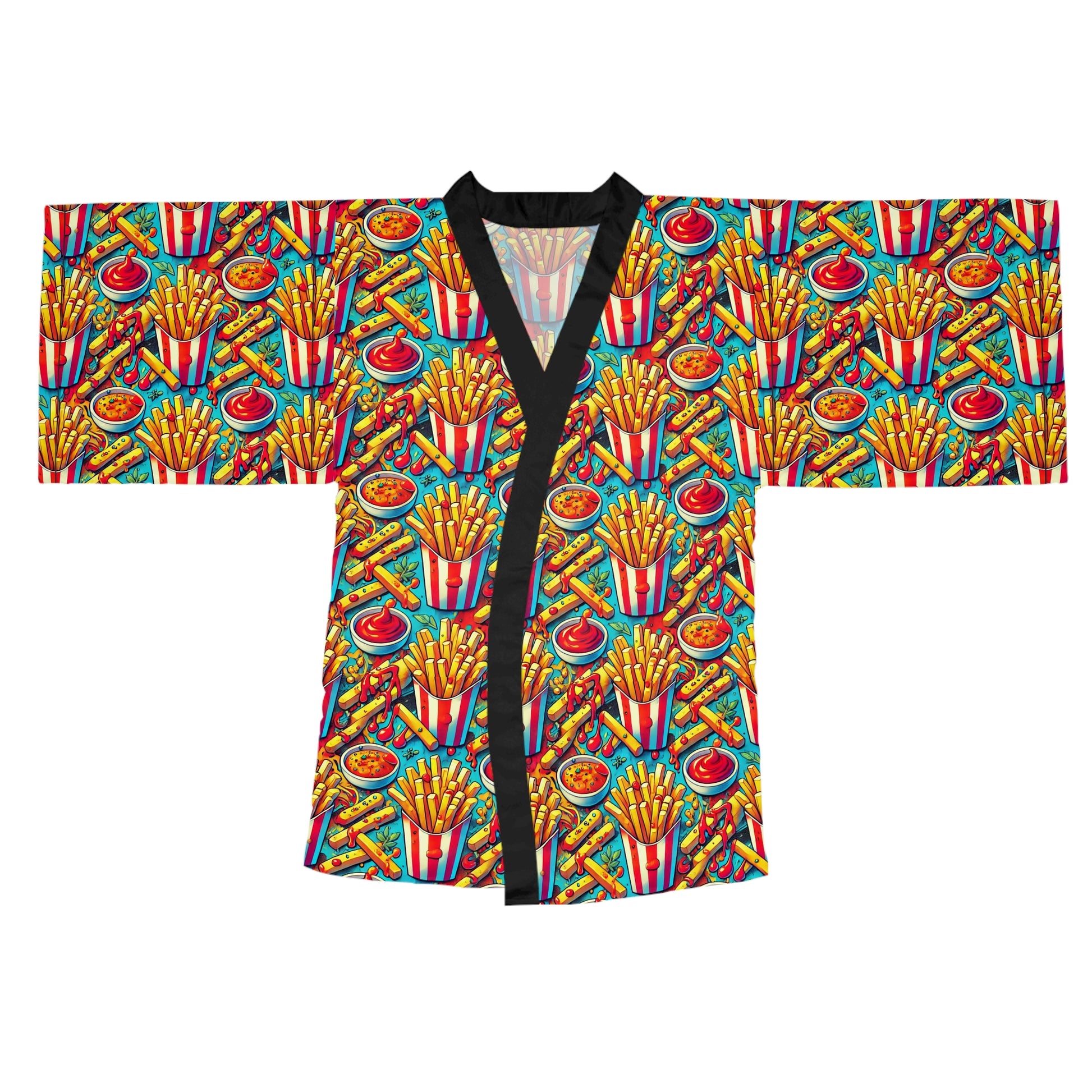 Front flat lay of colorful French Fries Kimono Robe with food print