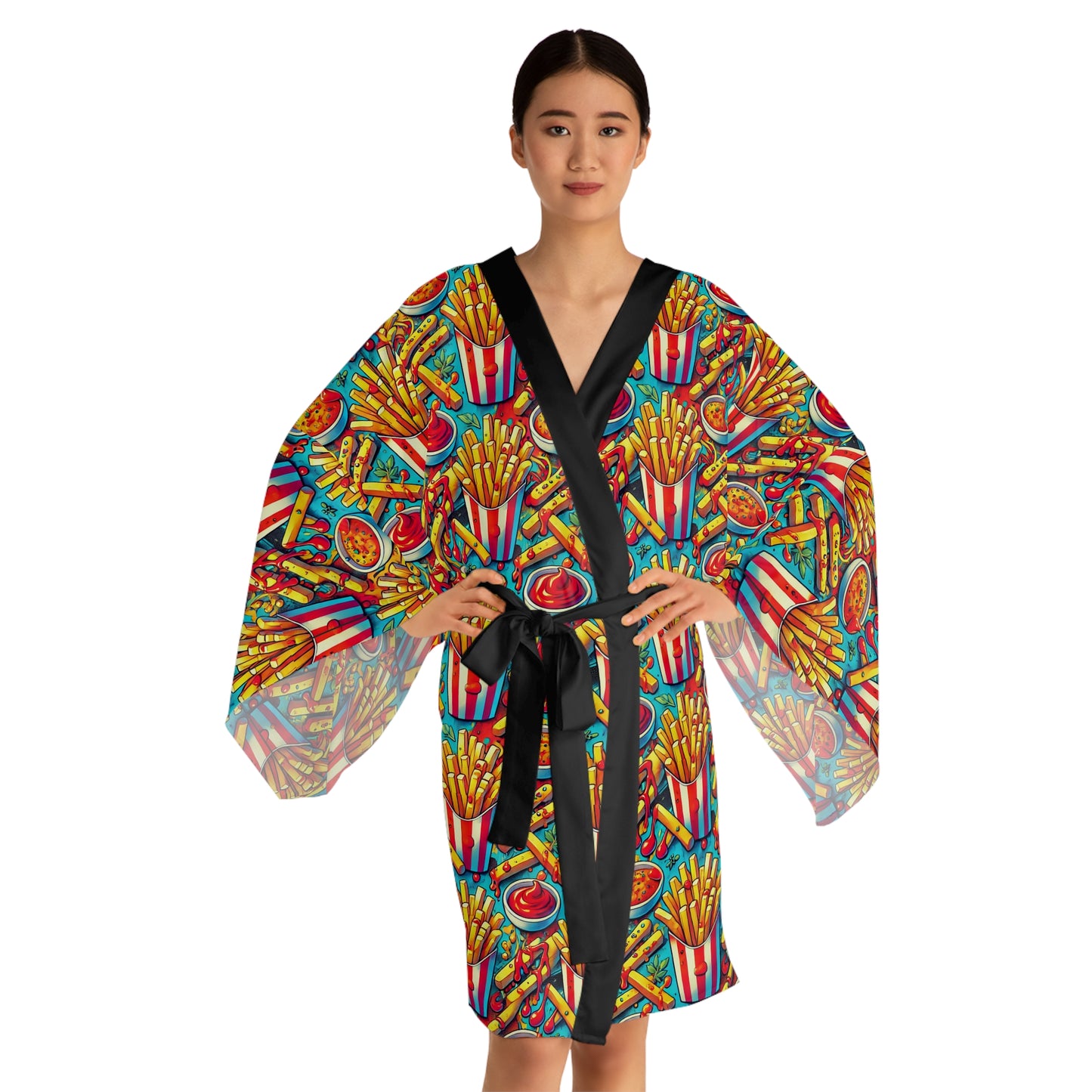 Front view of model wearing colorful French Fries Kimono Robe with tie belt