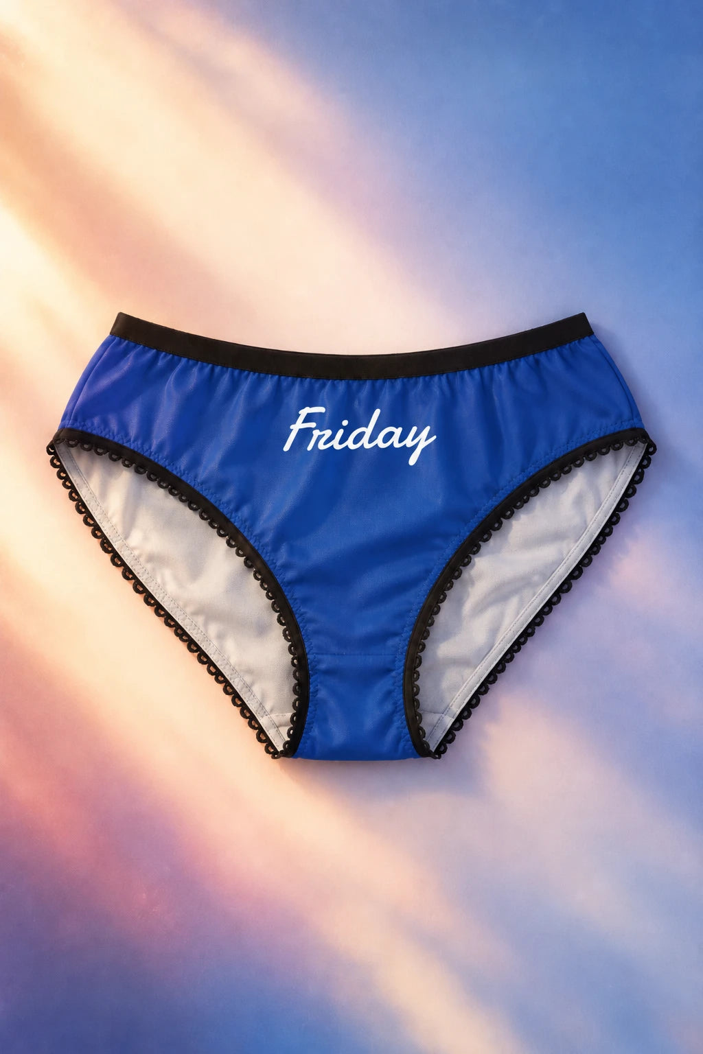 Blue Friday Panty women’s briefs flat lay with black trim and centered white Friday script