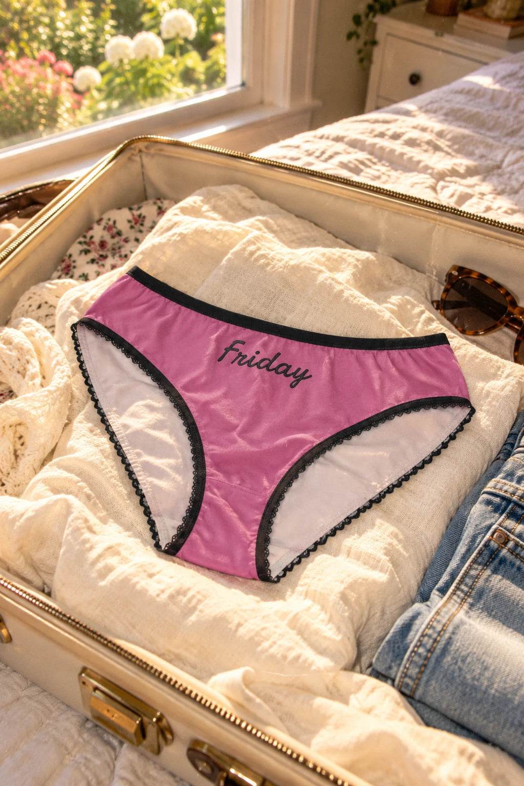 Tantrum Media Friday Panty in pink with black script and trim, resting on cream linens inside an open suitcase beside jeans.