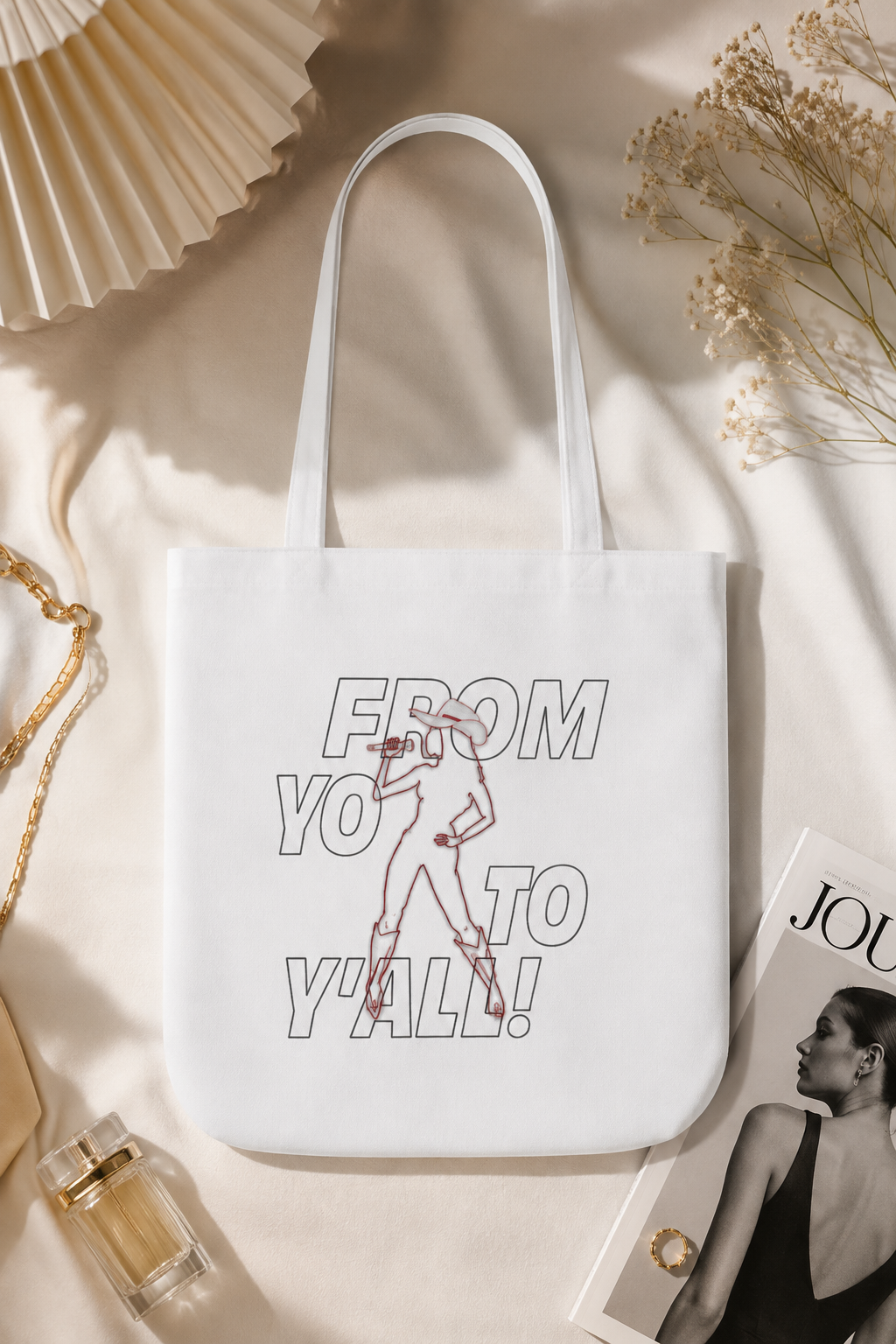 From Yo to Y’All country music graphic tote bag styled in a neutral lifestyle flat lay