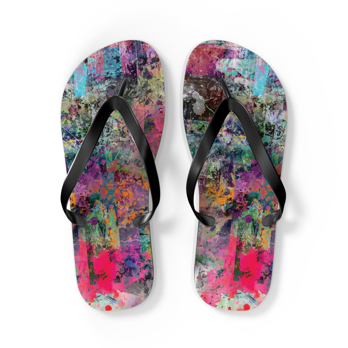 Flat lay mockup on white background, abstract artwork flip flops
