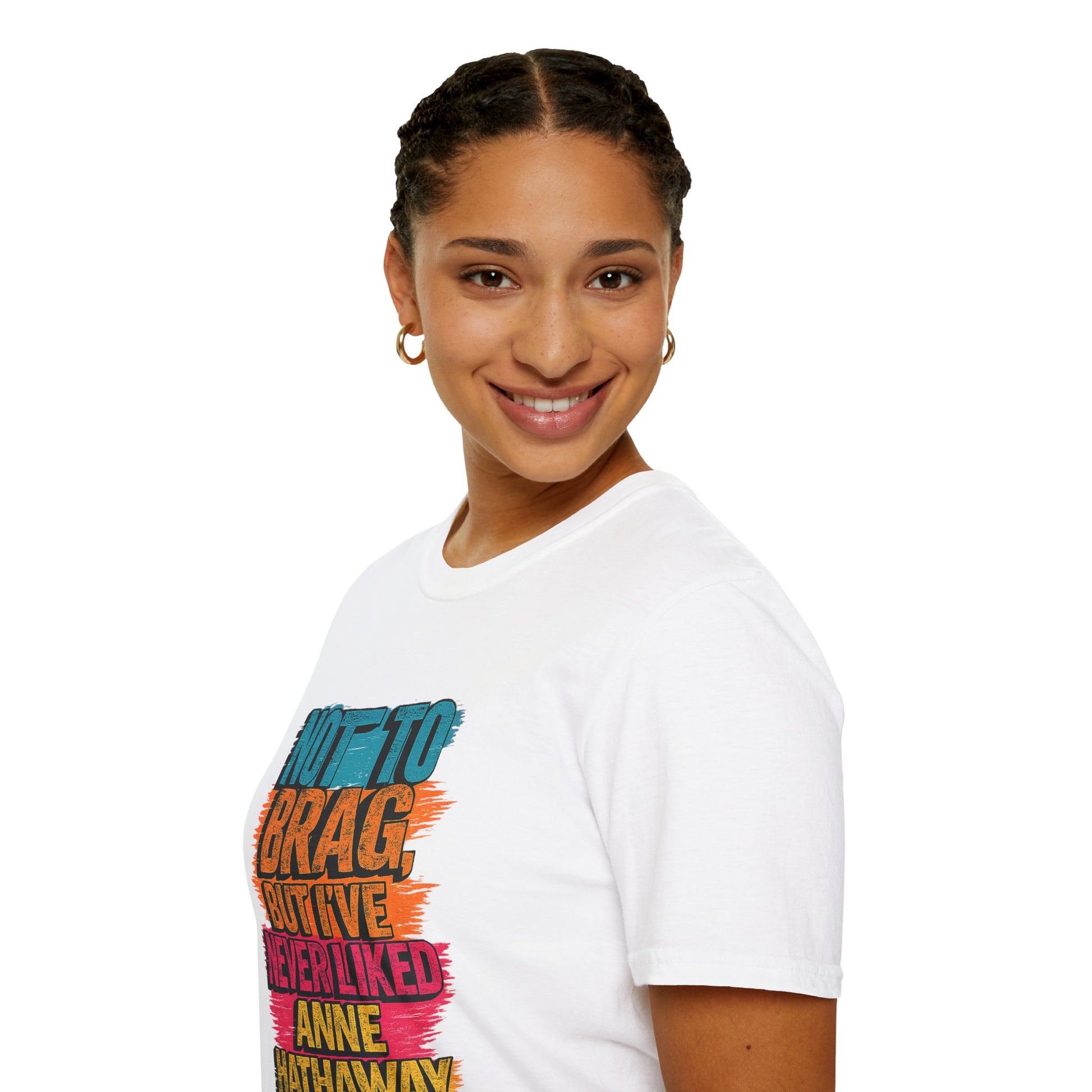 Funny Anne Hathaway t-shirt woman portrait wearing sarcastic graphic tee pop culture outfit