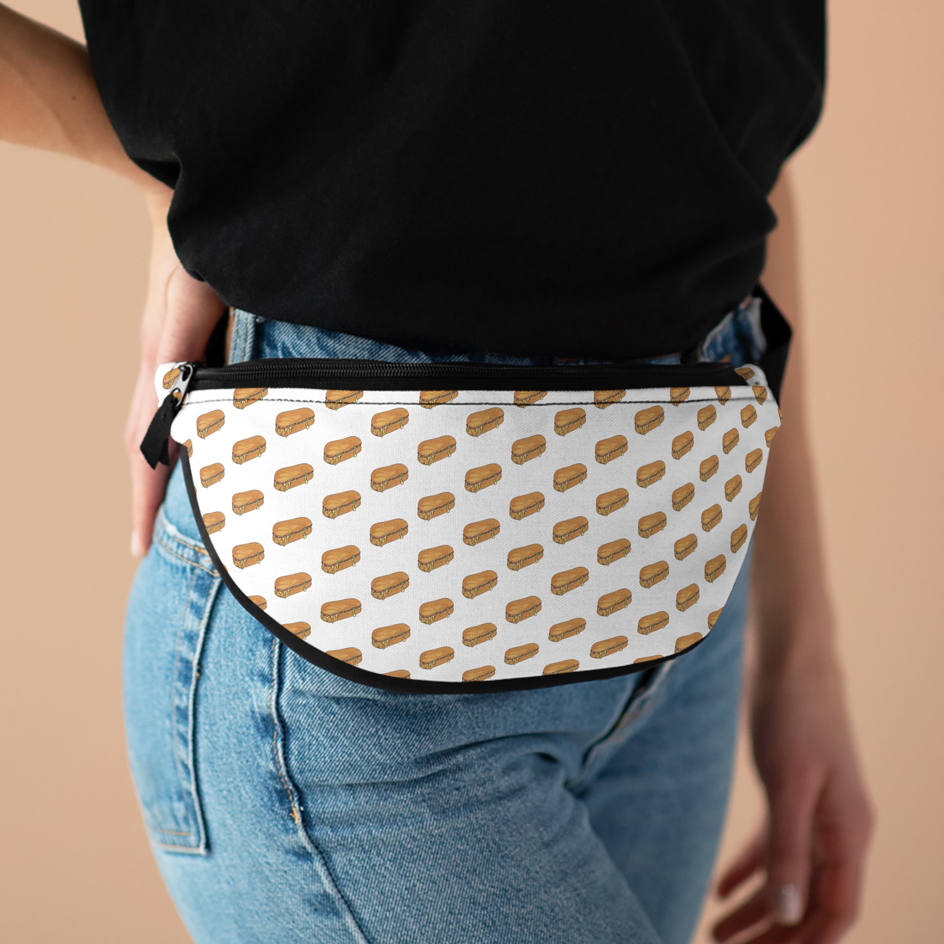 Woman wearing chopped-cheese NYC fanny-pack as casual waist-bag streetwear look
