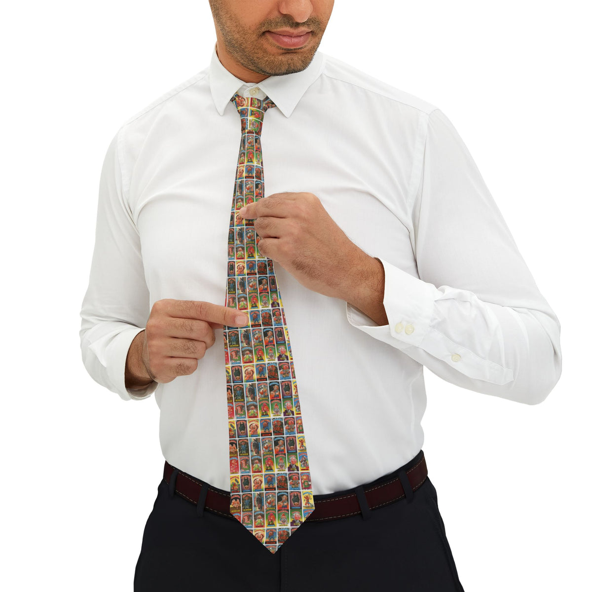 Garbage Pail Kids cards pattern necktie worn with white dress shirt