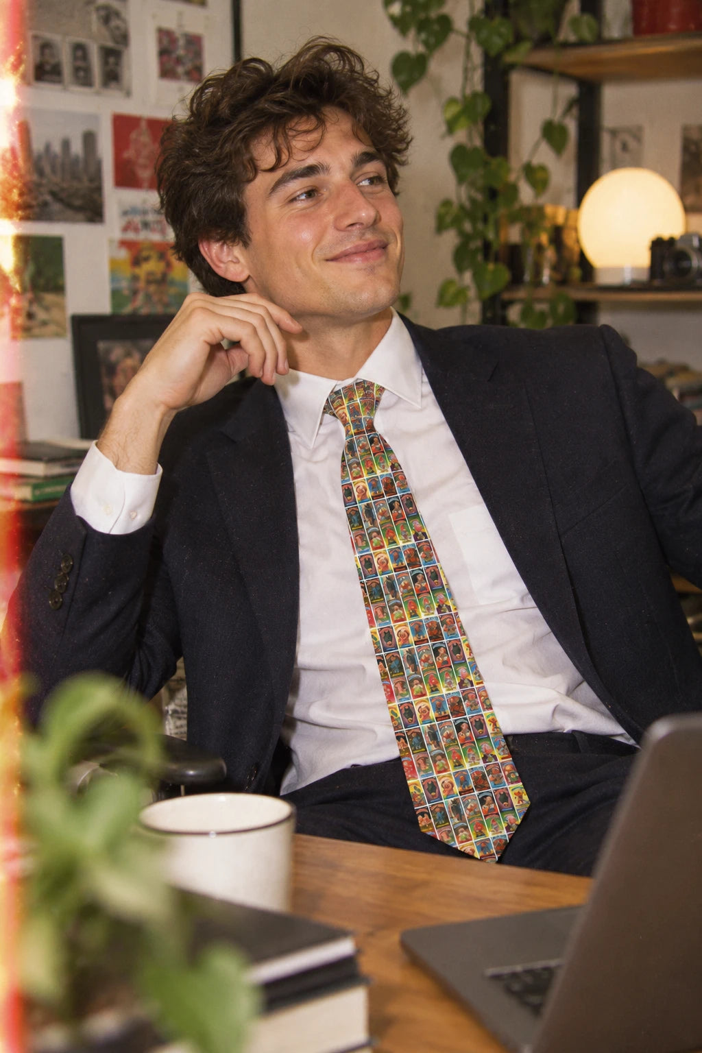 Young professional wearing Garbage Pail Kids cards pattern necktie in creative office