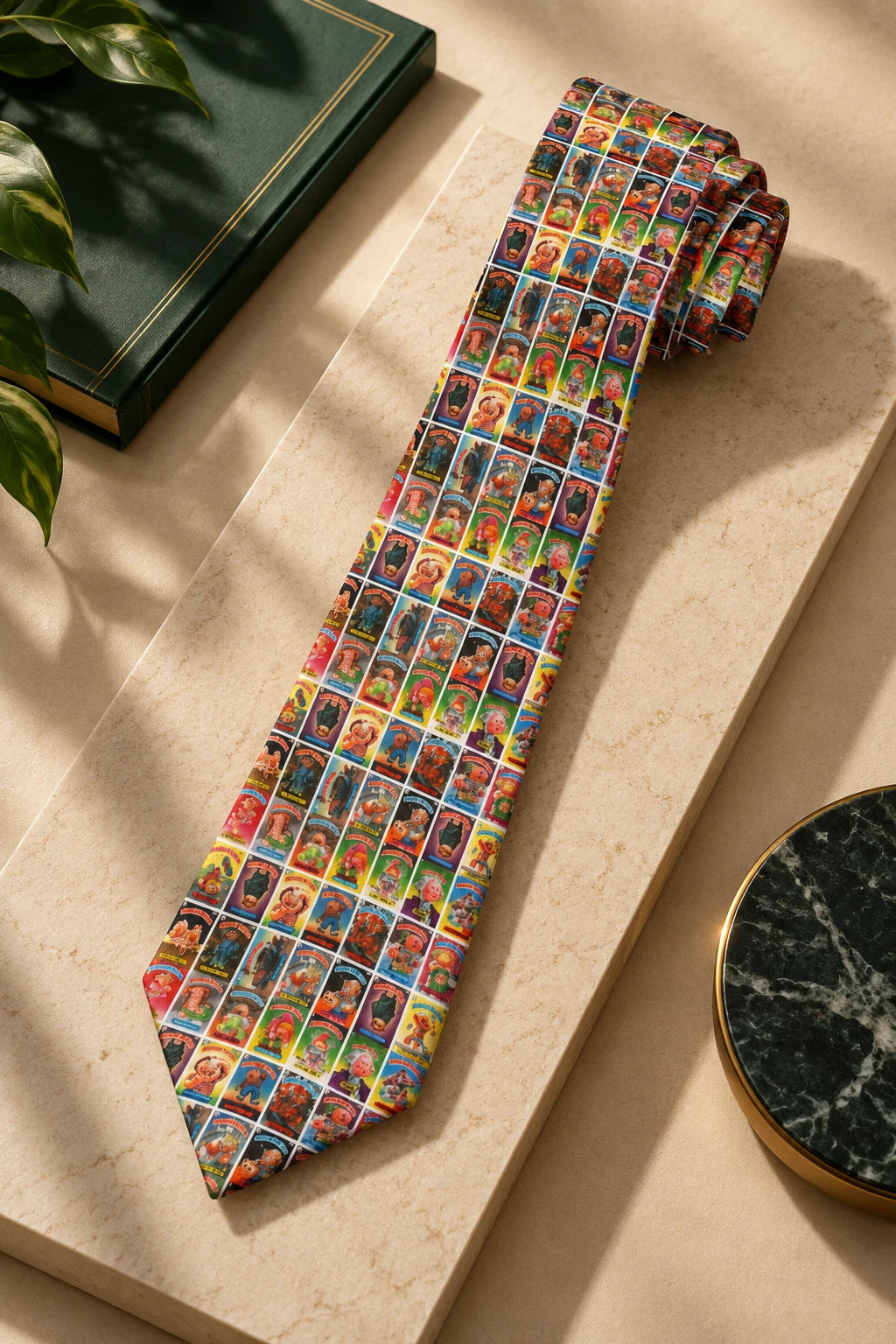 Garbage Pail Kids cards pattern necktie editorial flat lay