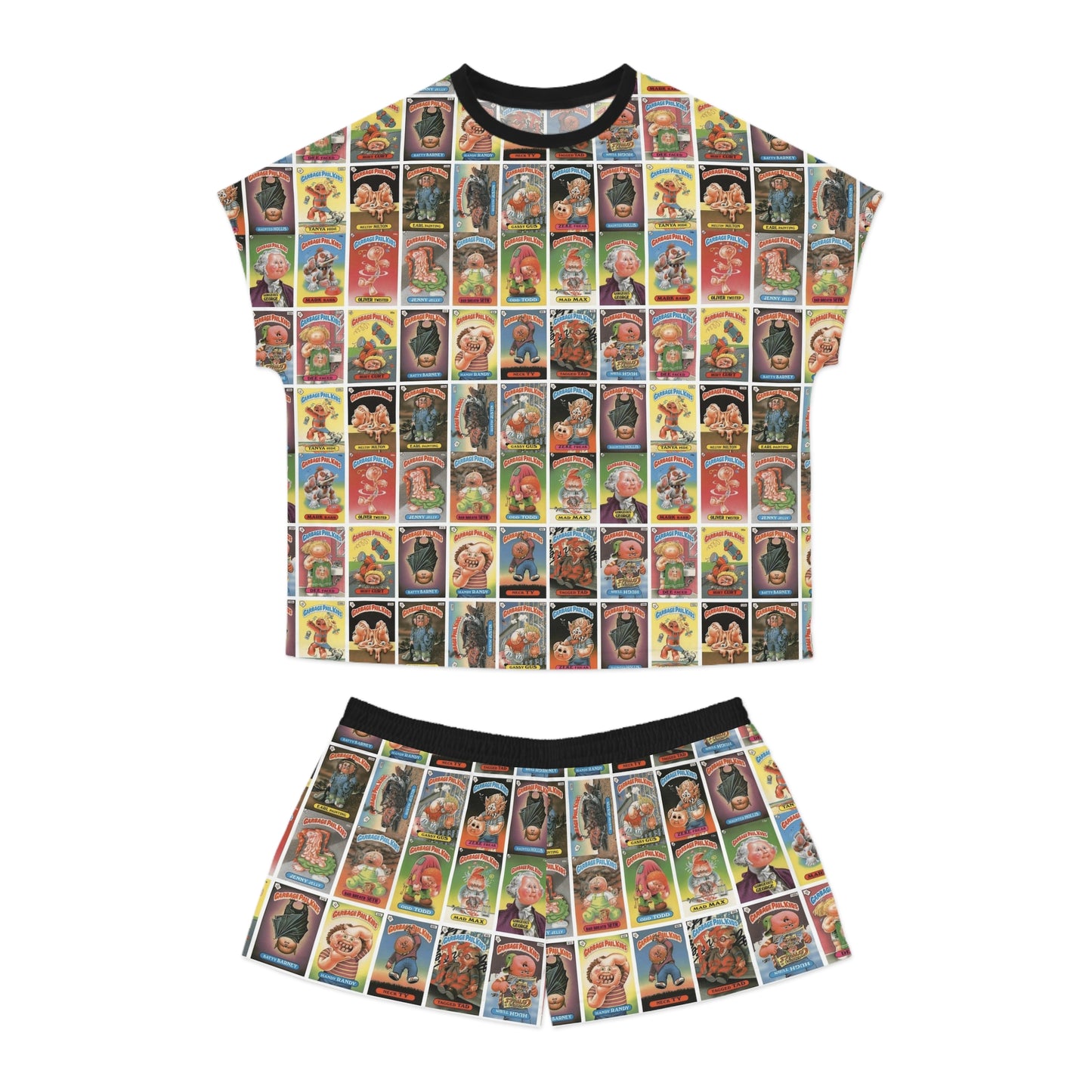 Garbage Pail Kids inspired satin pajama set featuring colorful retro trading card collage print with matching oversized top and shorts on a white background.