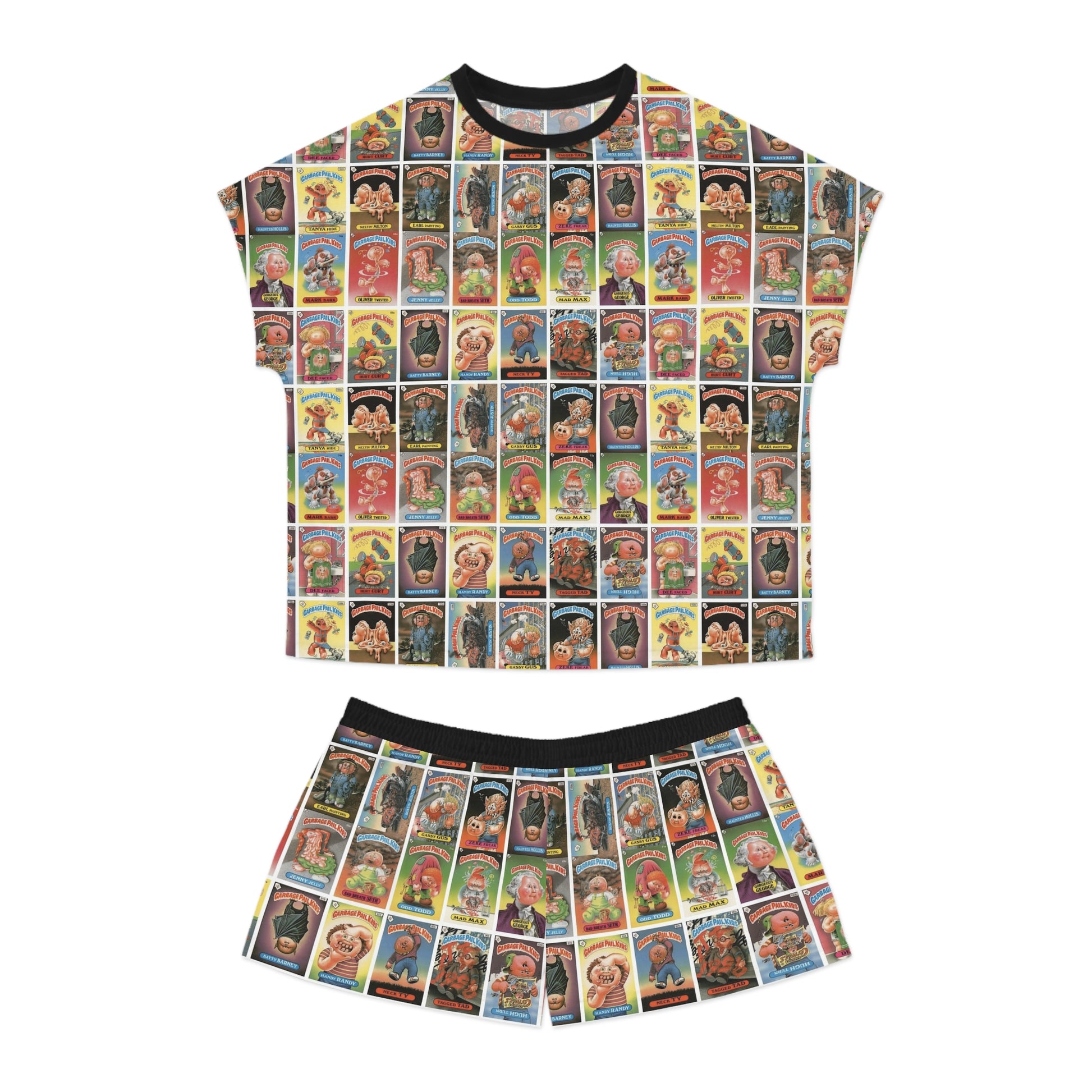 Garbage Pail Kids inspired satin pajama set featuring colorful retro trading card collage print with matching oversized top and shorts on a white background.