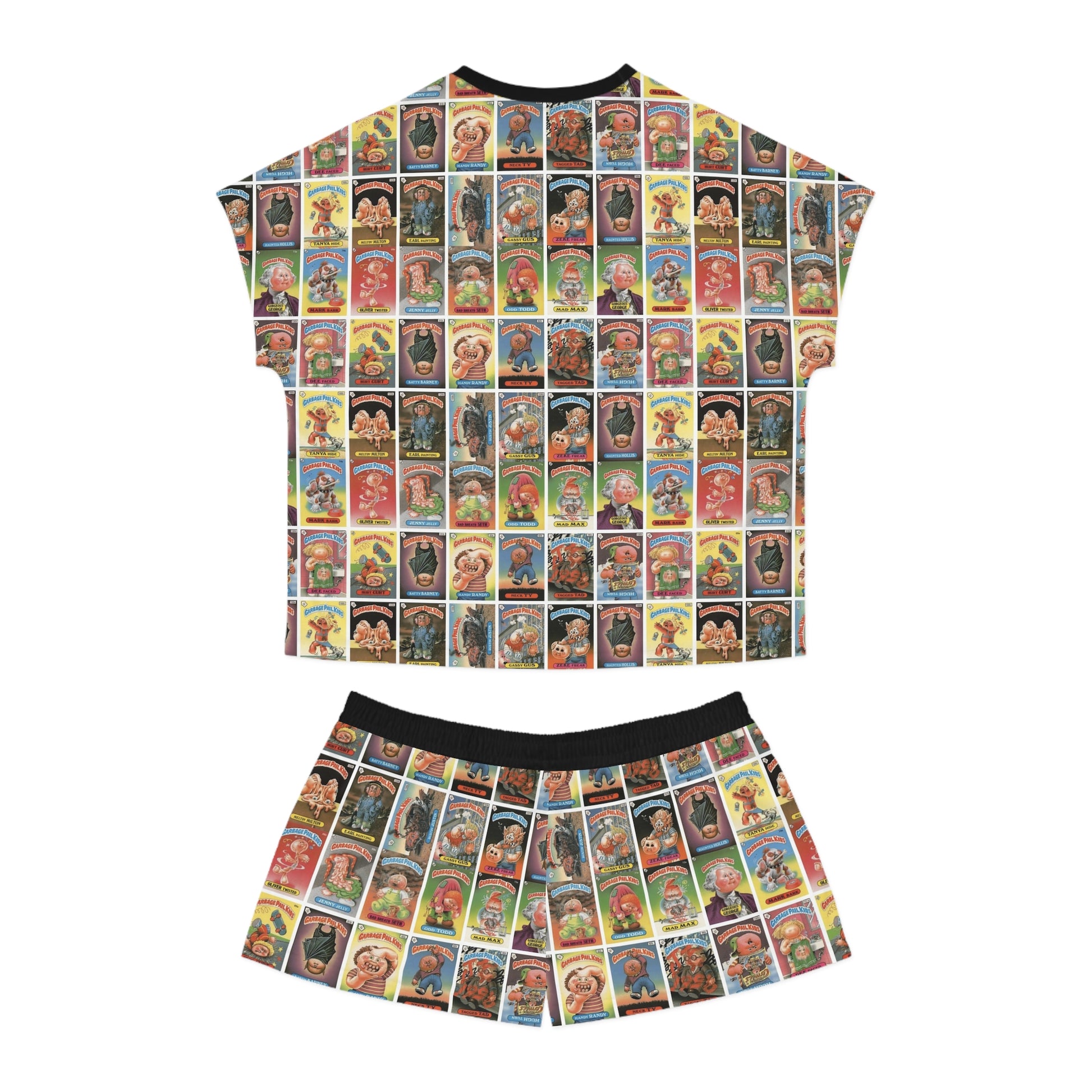 Back view of Garbage Pail Kids inspired satin pajama set featuring colorful retro trading card collage print with matching oversized top and shorts.