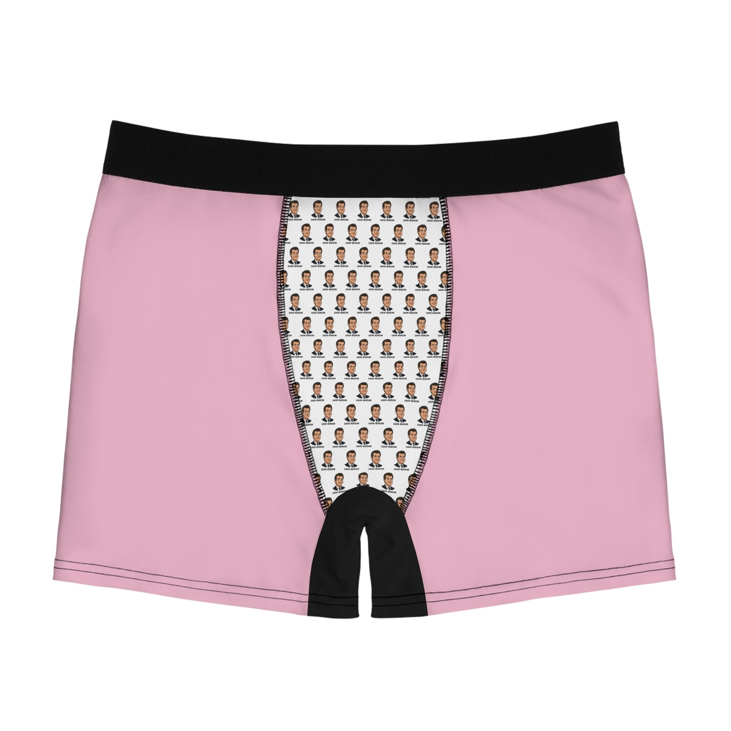 Funny political boxer briefs for men, Gavin Newsom face print underwear, pink design, front view, graphic panel detail, statement mens underwear