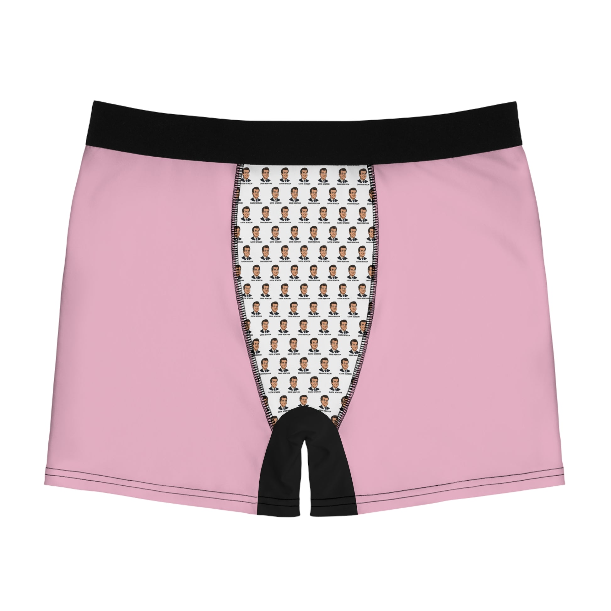 Funny political boxer briefs for men, Gavin Newsom face print underwear, pink design, front view, graphic panel detail, statement mens underwear