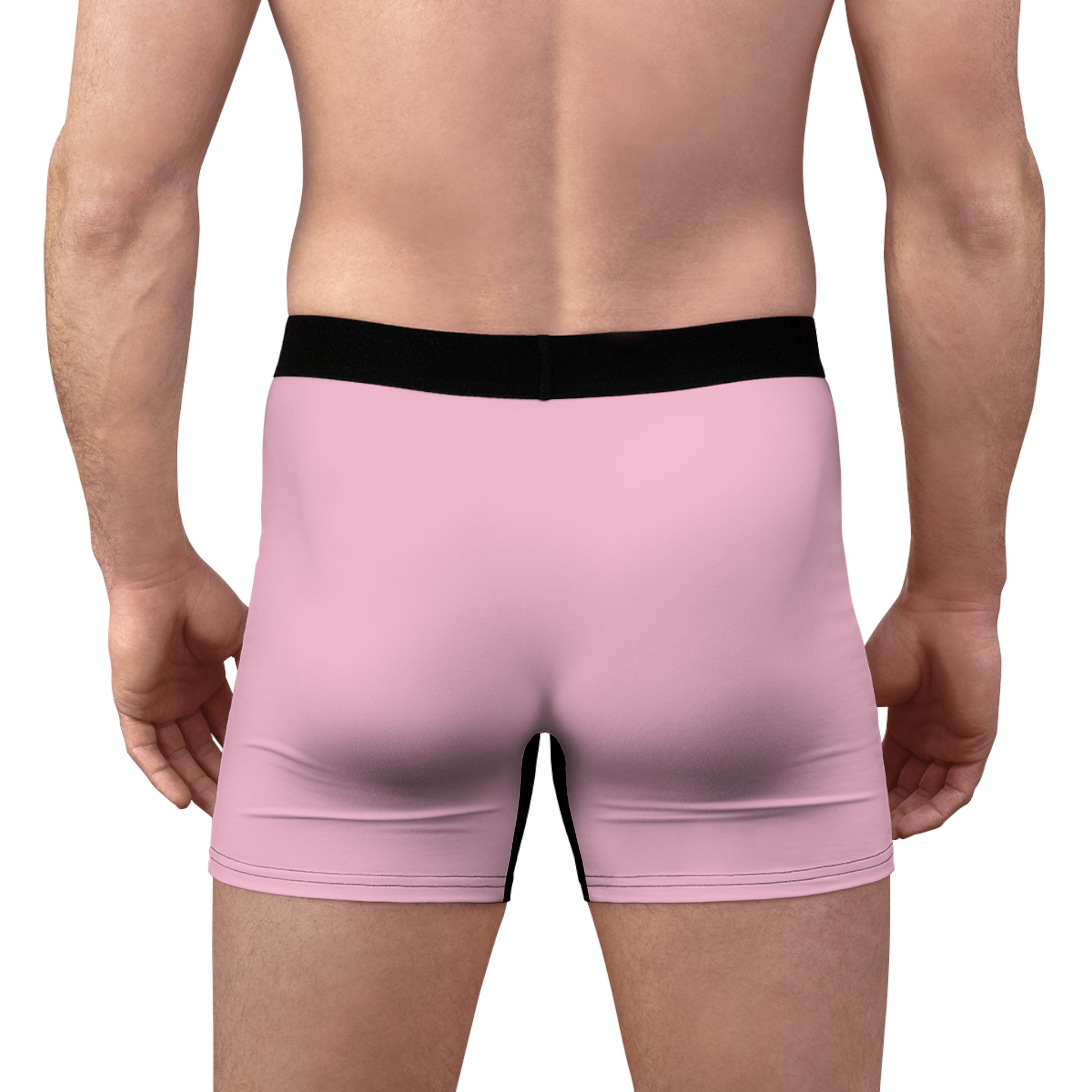 Funny political boxer briefs for men, Gavin Newsom face print underwear, pink design, back view, male model wearing graphic underwear, comfortable fit, statement mens underwear