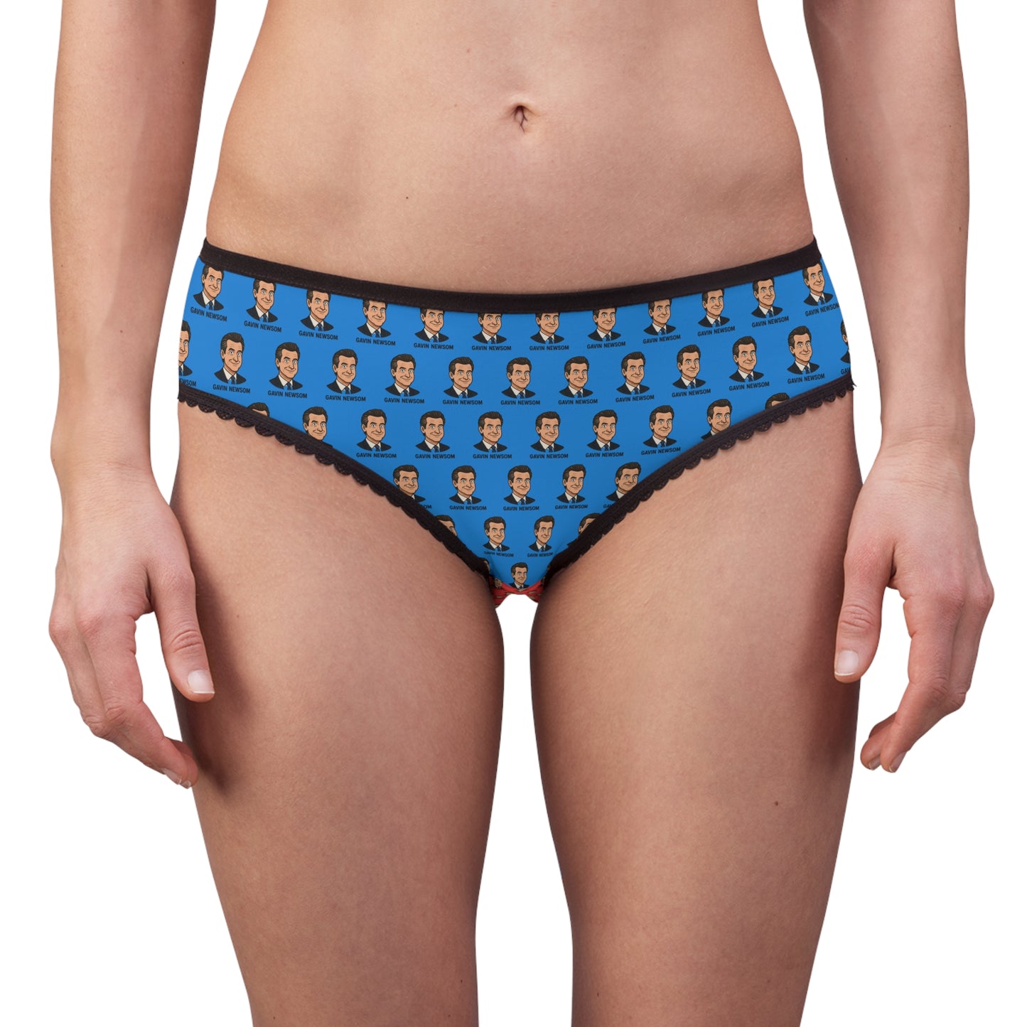 Women’s funny political panties, Gavin Newsom face print underwear, blue design, front view on body, fitted cheeky briefs, statement underwear