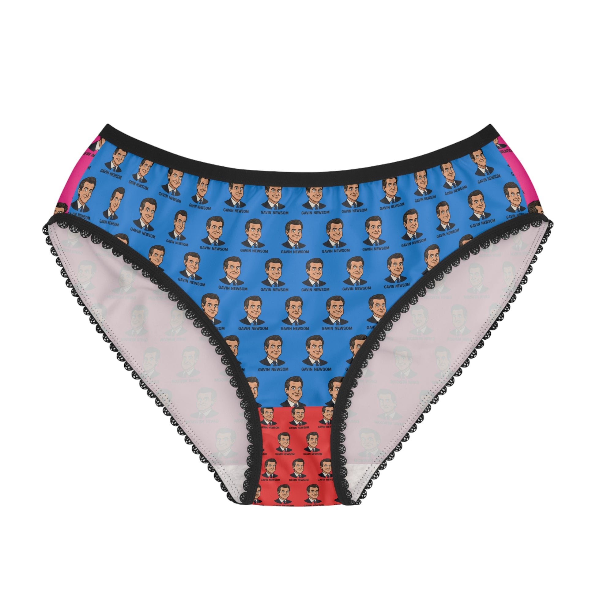 Women’s funny political panties, Gavin Newsom face print underwear, blue and pink design, front view, statement underwear