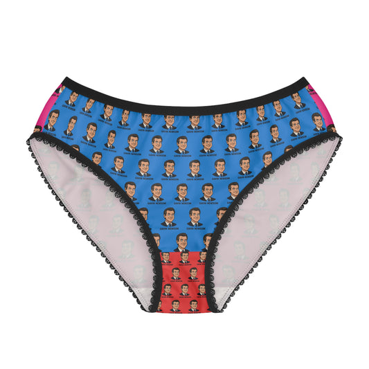 Women’s funny political panties, Gavin Newsom face print underwear, blue and pink design, front view, statement underwear