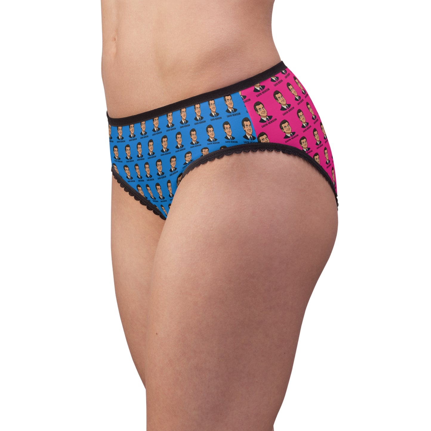 Women’s funny political panties, Gavin Newsom face print underwear, blue and pink color block design, side view on body, fitted cheeky briefs, statement underwear