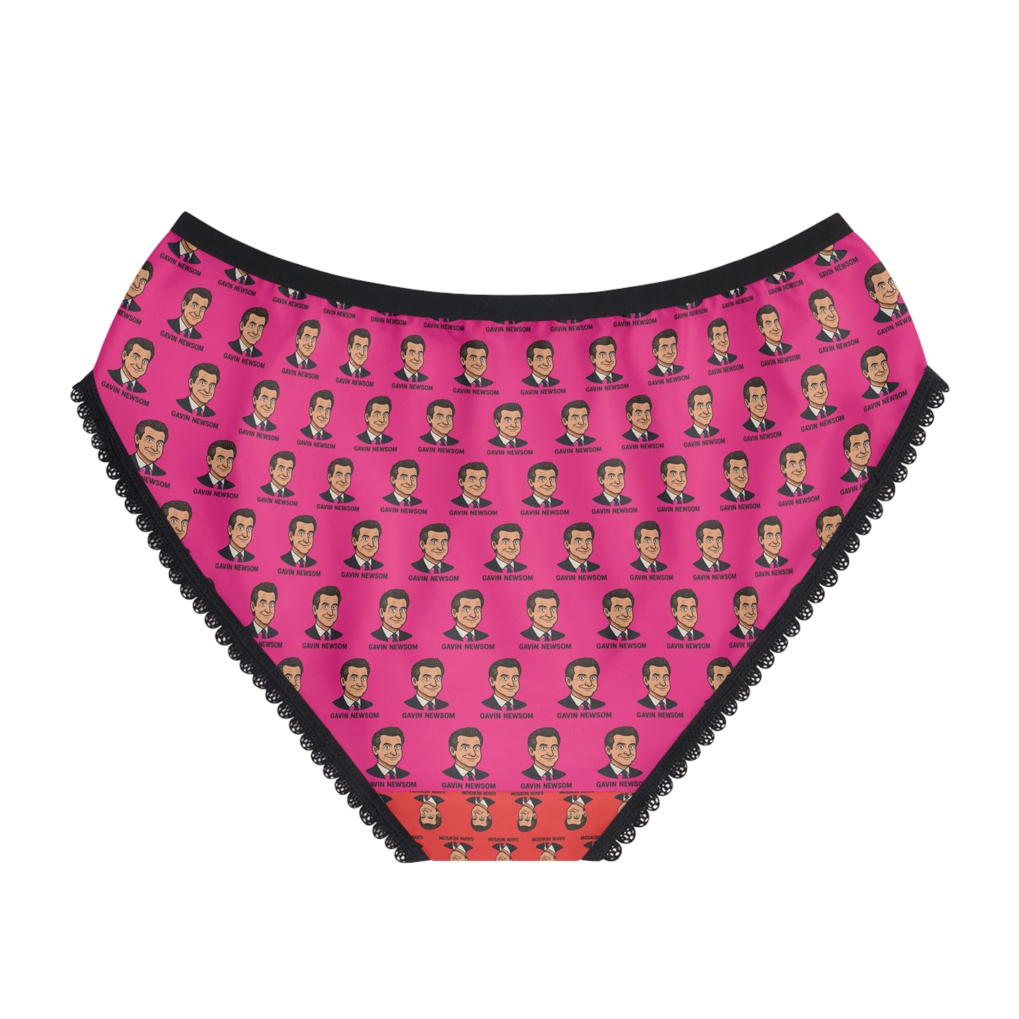 Women’s funny political panties, Gavin Newsom face print underwear, pink color block design, flat lay view, statement underwear