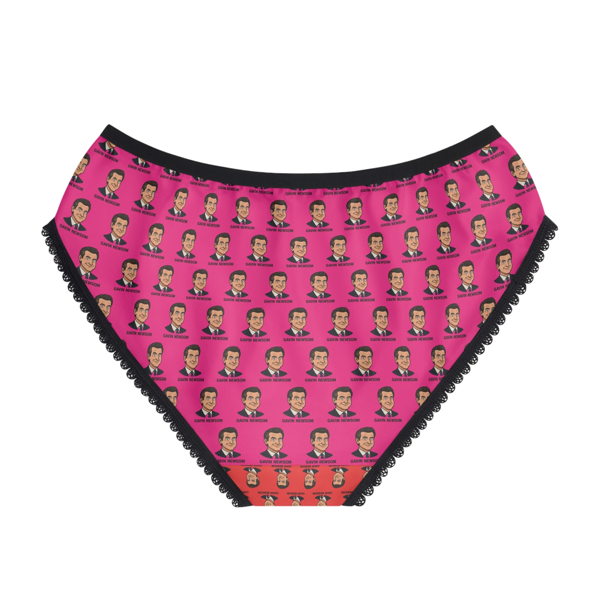 Women’s funny political panties, Gavin Newsom face print underwear, pink color block design, flat lay view, statement underwear