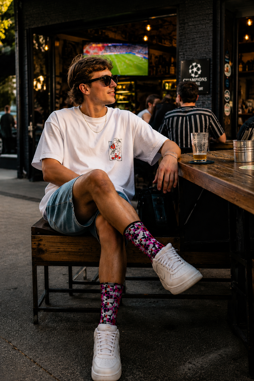 Young soccer fan wearing FIFA World Cup 2026 soccer fan crew socks while relaxing at an outdoor café.
