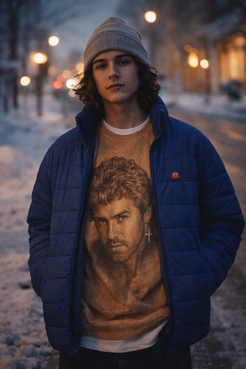 Male model wearing the George Michael Portrait Unisex Sweatshirt in a winter street setting